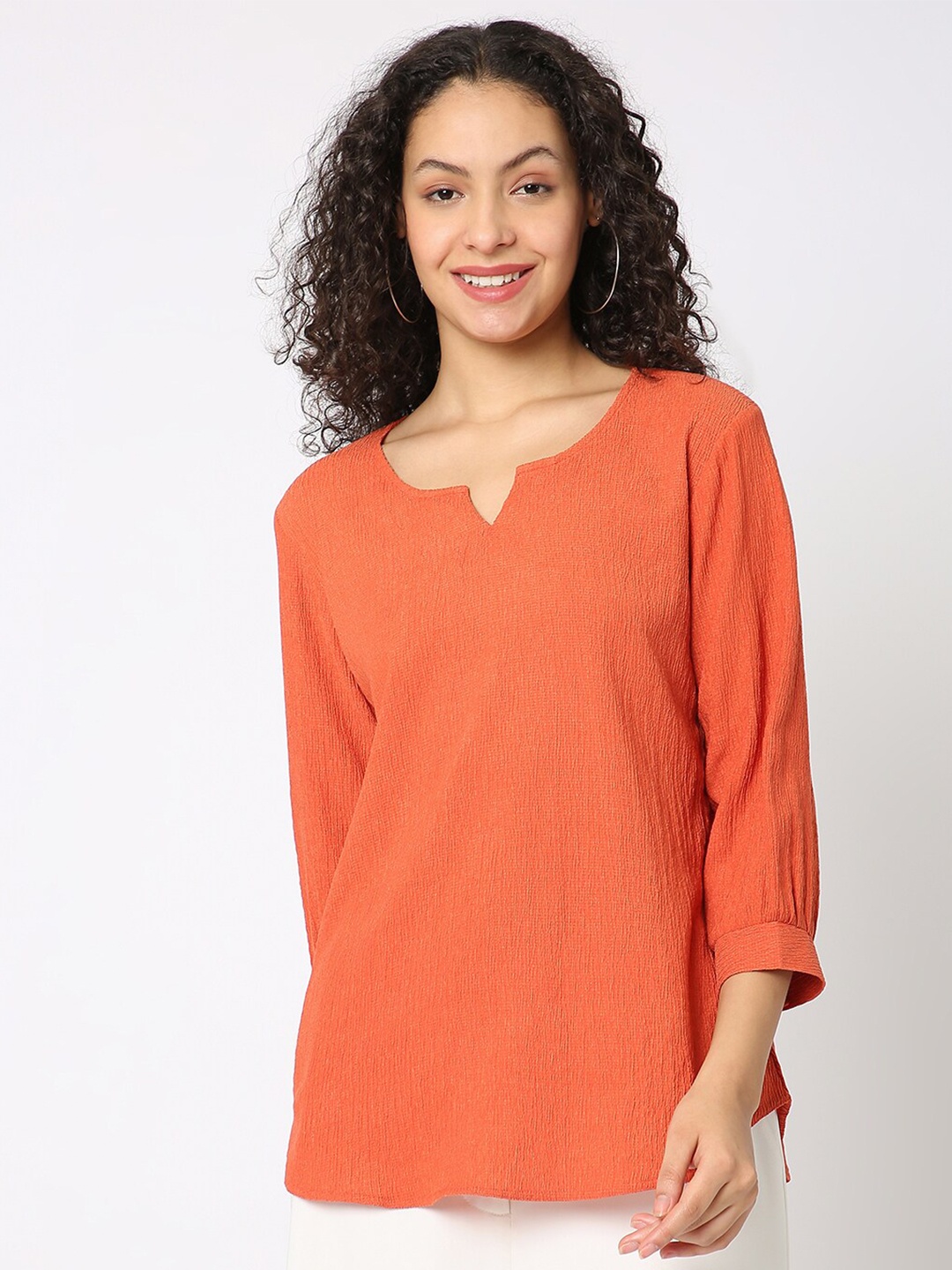 

NOT SO PINK Notched Neck Cuffed Sleeves Top, Rust