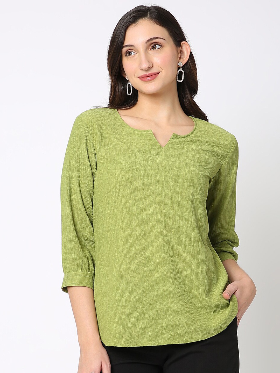 

NOT SO PINK Notched Neck Cuffed Sleeves Top, Olive