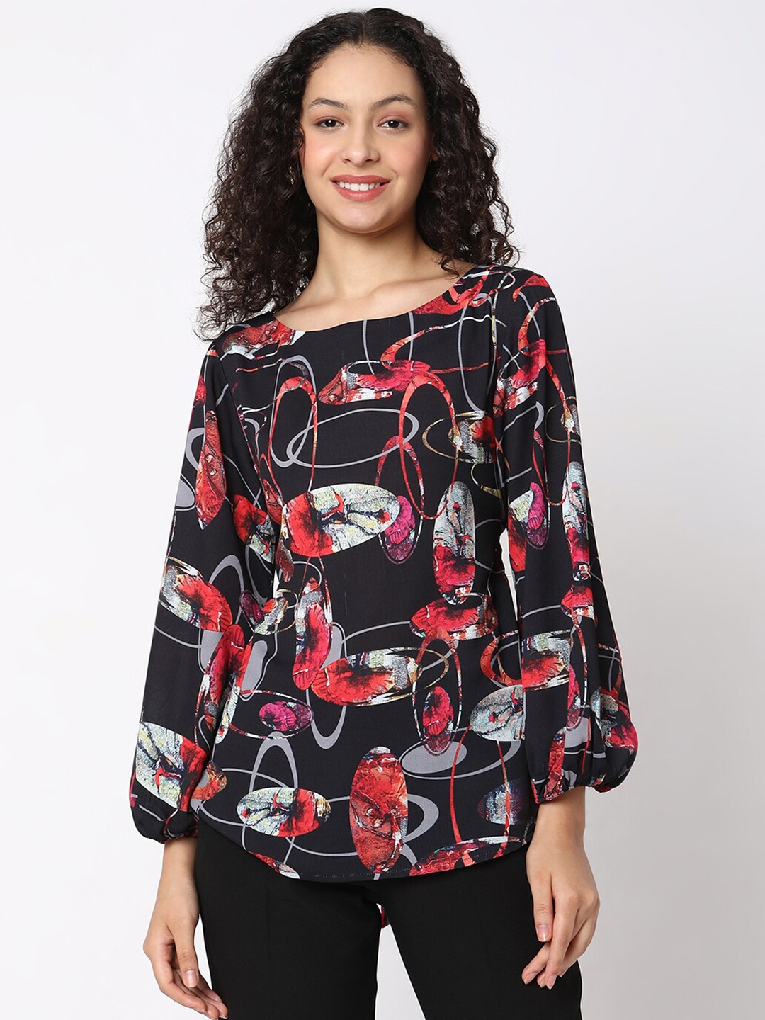 

NOT SO PINK Floral Printed Waist Tie Up Puff Sleeves Top, Black