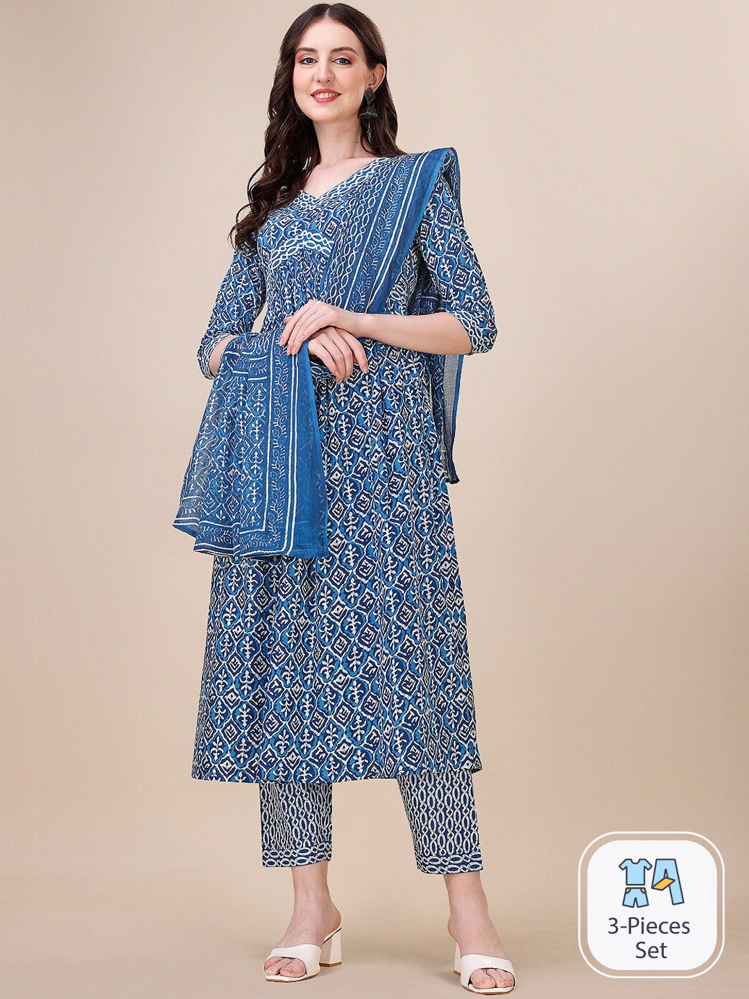 

KALINI Ethnic Motifs Printed Empire Pure Cotton Kurta With Trousers & Dupatta, Blue