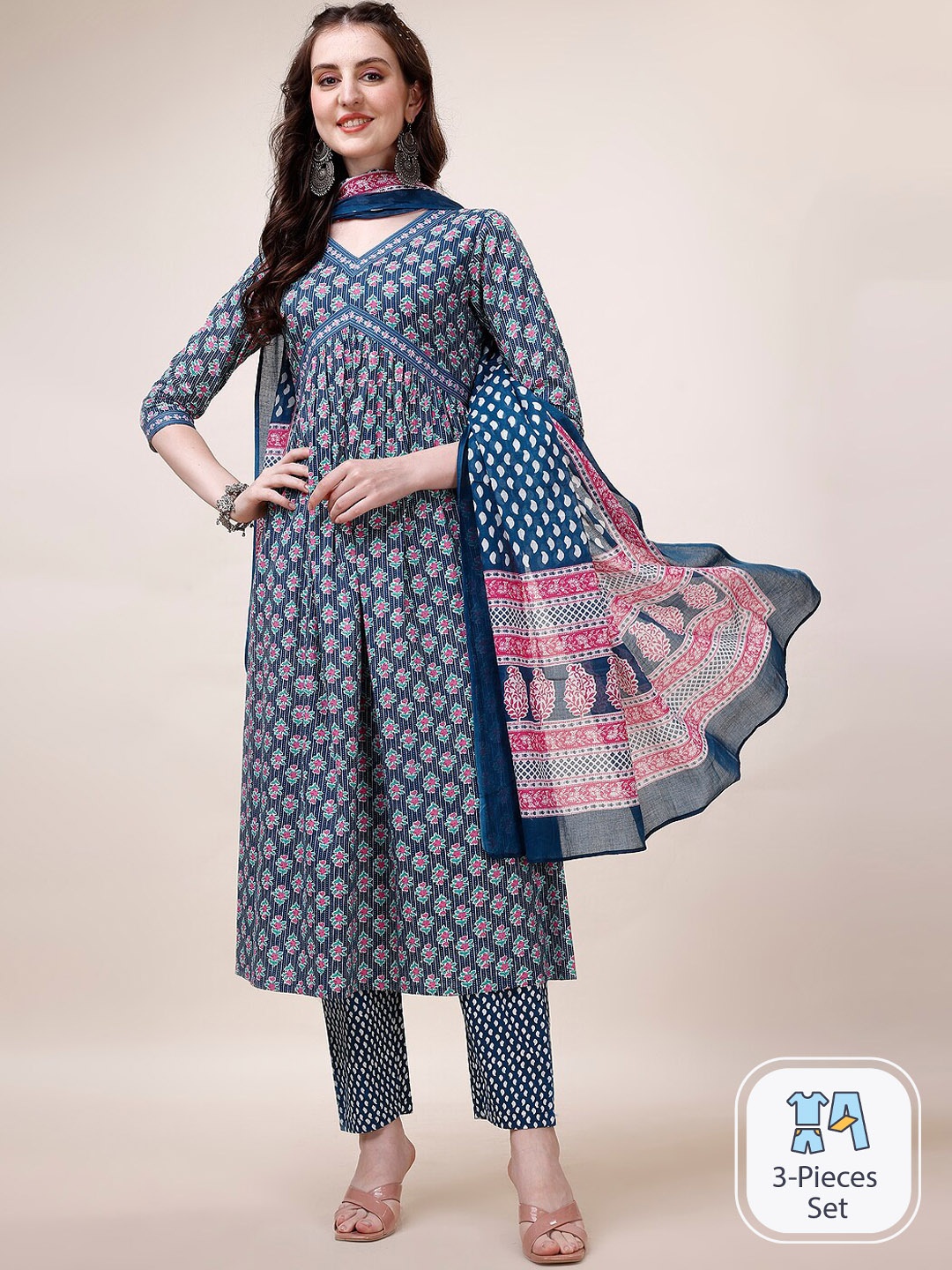 

KALINI Floral Printed Empire Pure Cotton Kurta With Trousers & Dupatta, Blue