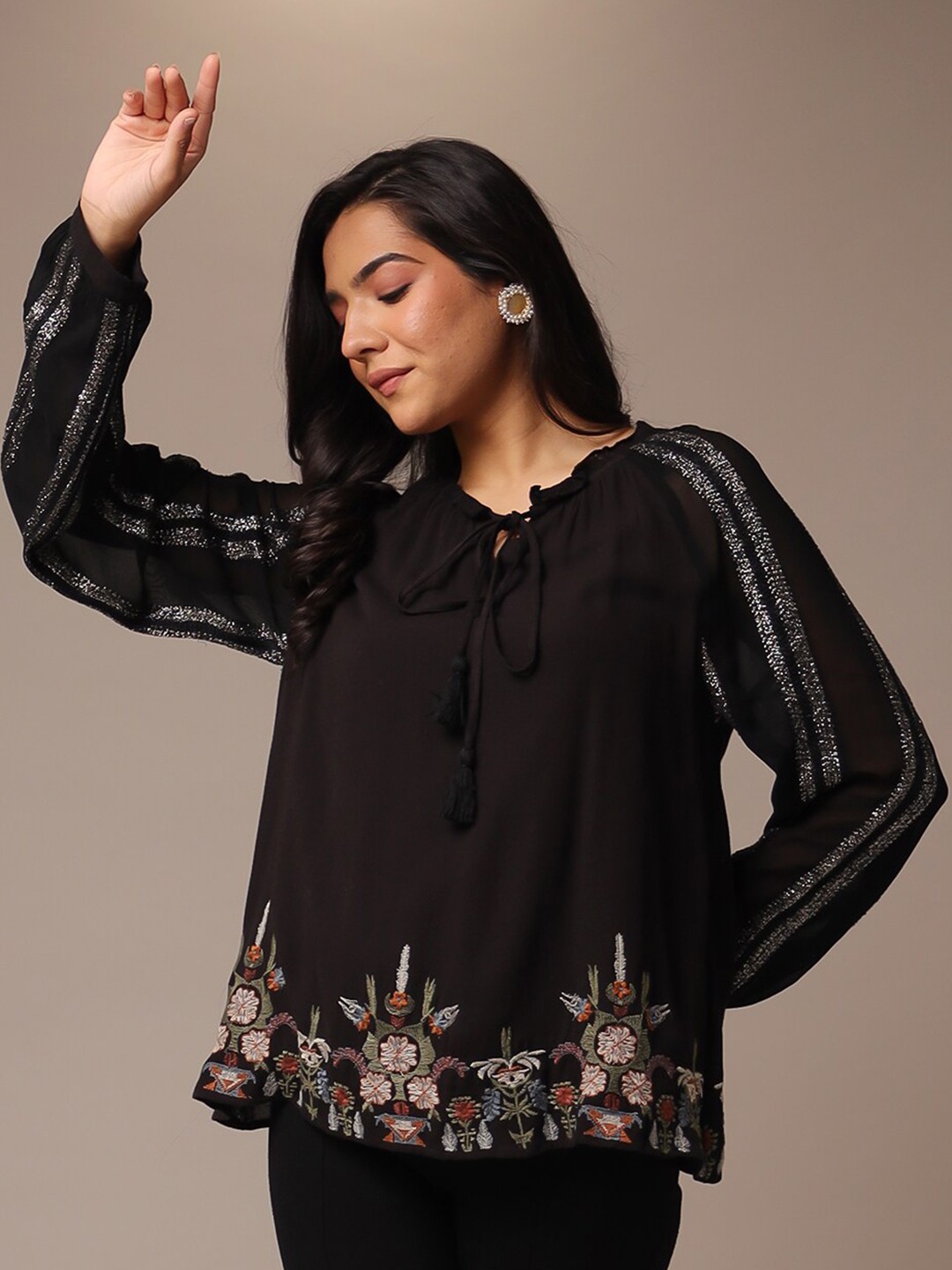 

ZARI Floral Embroidered Tunic, Black