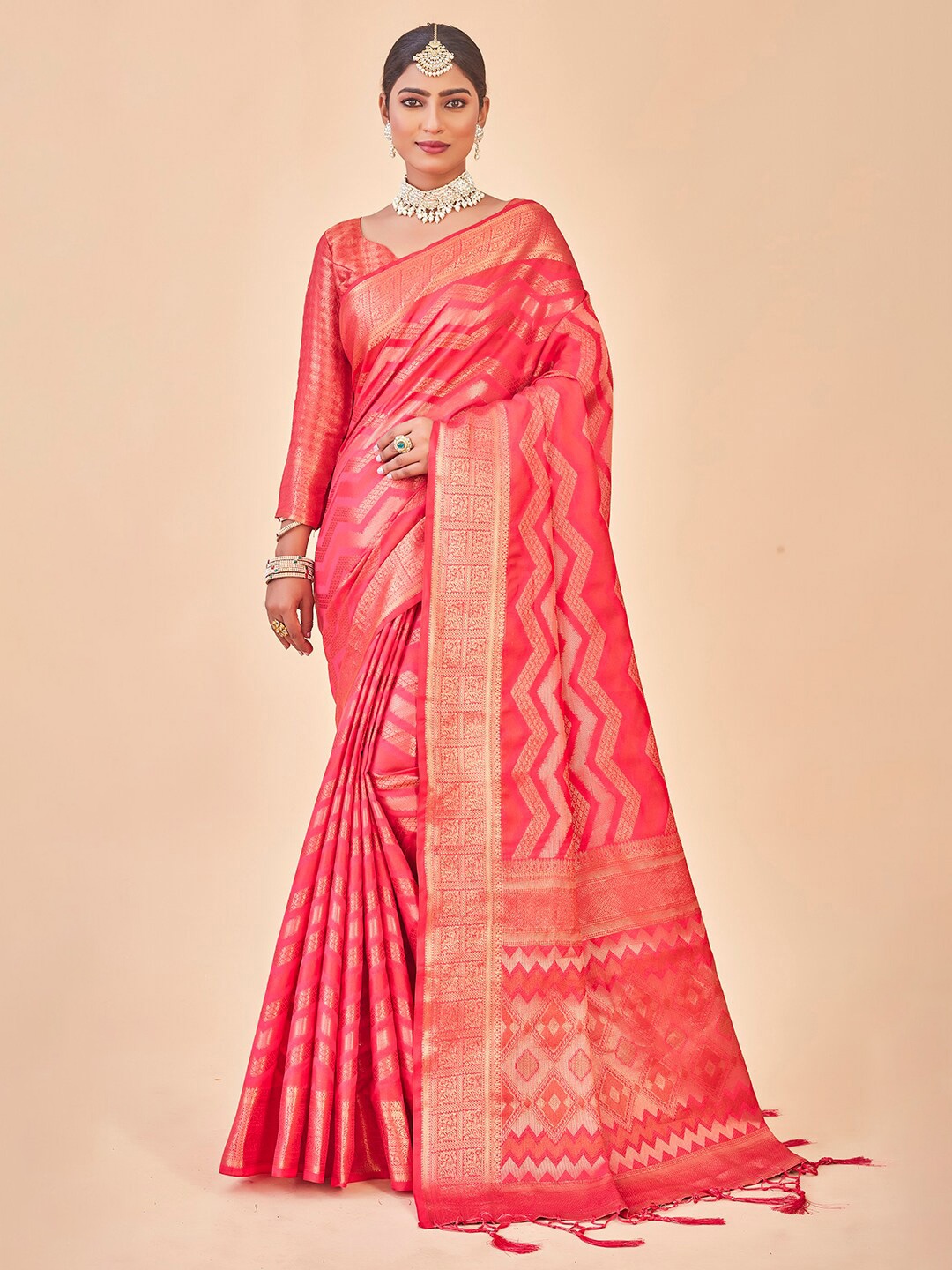 

Anouk Red & Gold-Toned Ethnic Motigs Woven Design Zari Organza Saree