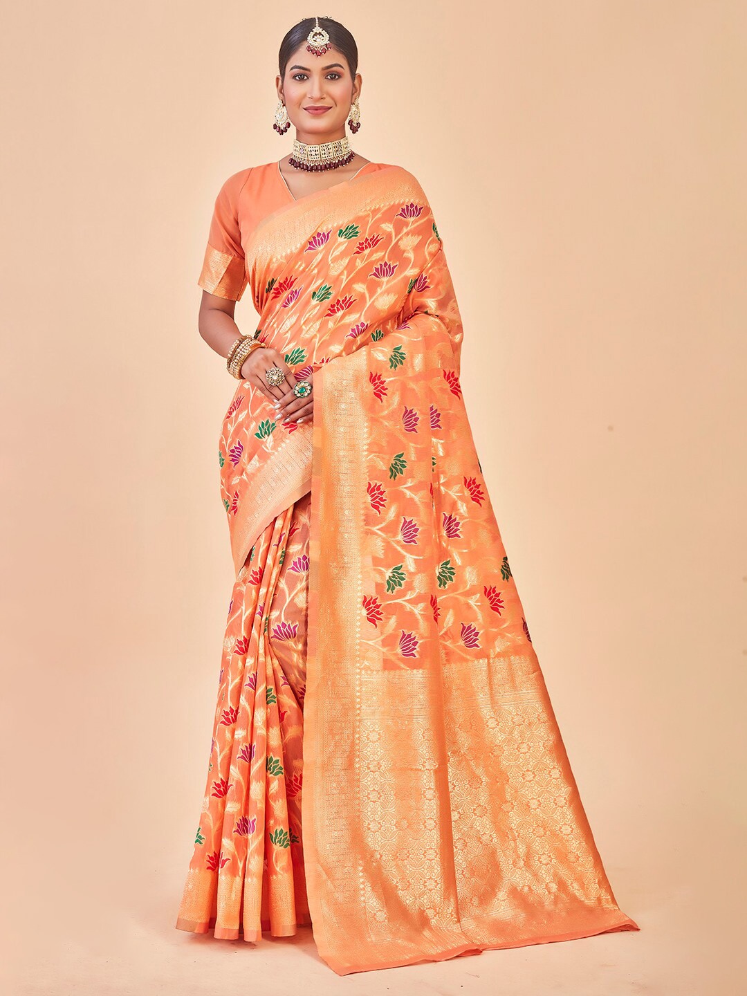 

Anouk Floral Woven Design Zari Pure Cotton Chanderi Saree, Orange