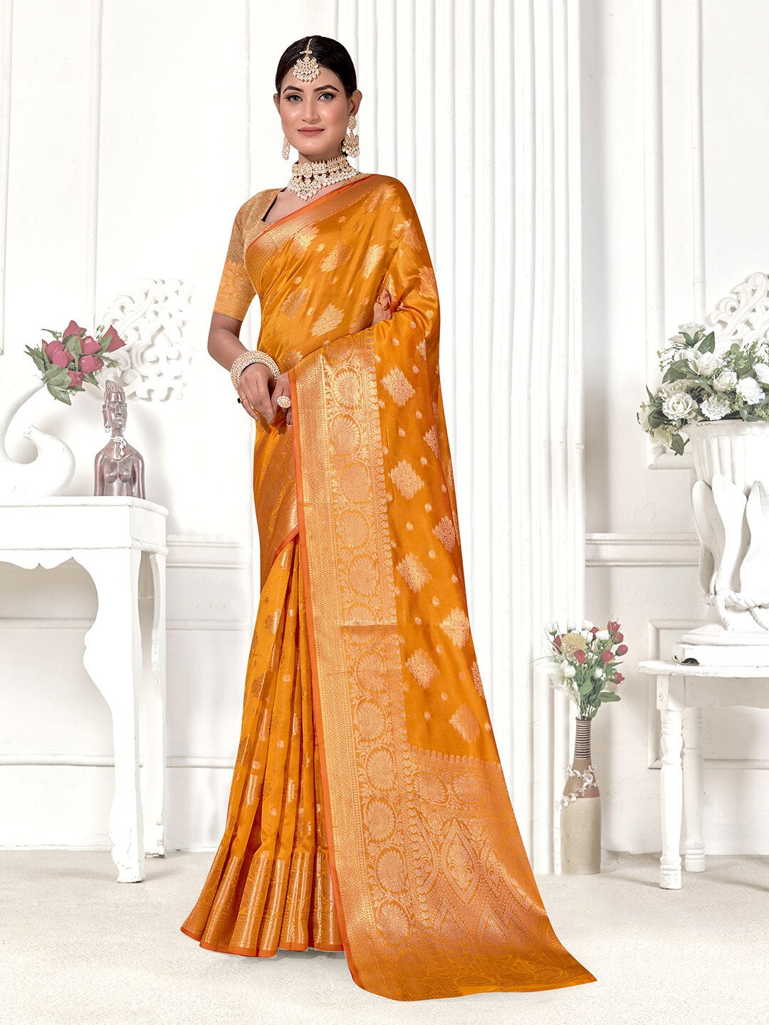 

Anouk Yellow & Gold-Toned Ethnic Motifs Woven Design Zari Organza Saree