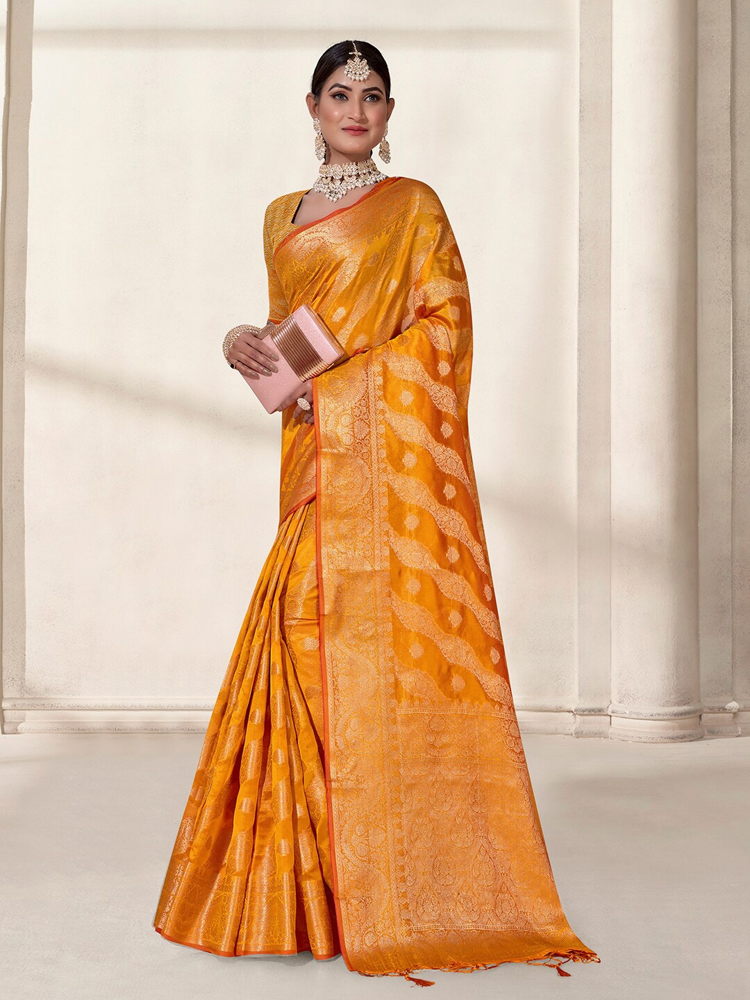 

Anouk Ethnic Motifs Woven Design Zari Organza Saree, Yellow