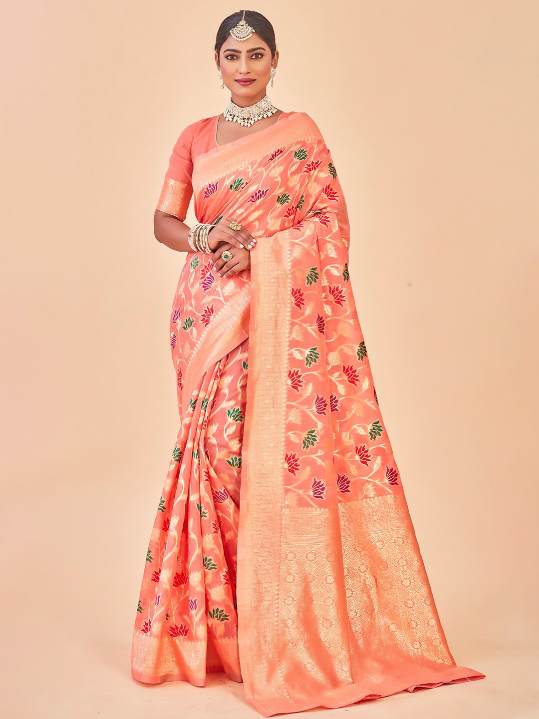 

Anouk Peach-Coloured & Green Ethnic Motif Woven Design Zari Pure Cotton Chanderi Saree