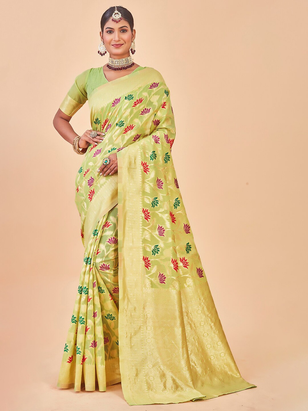 

Anouk Woven Design Zari Pure Cotton Chanderi Saree, Lime green