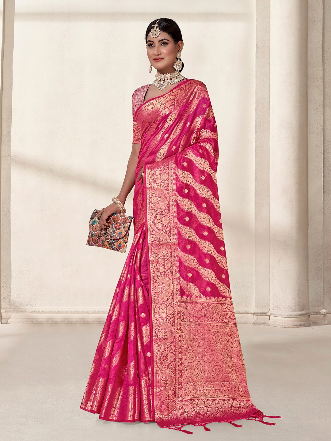 

Anouk Pink & Gold-Toned Ethnic Motif Woven Design Zari Organza Saree