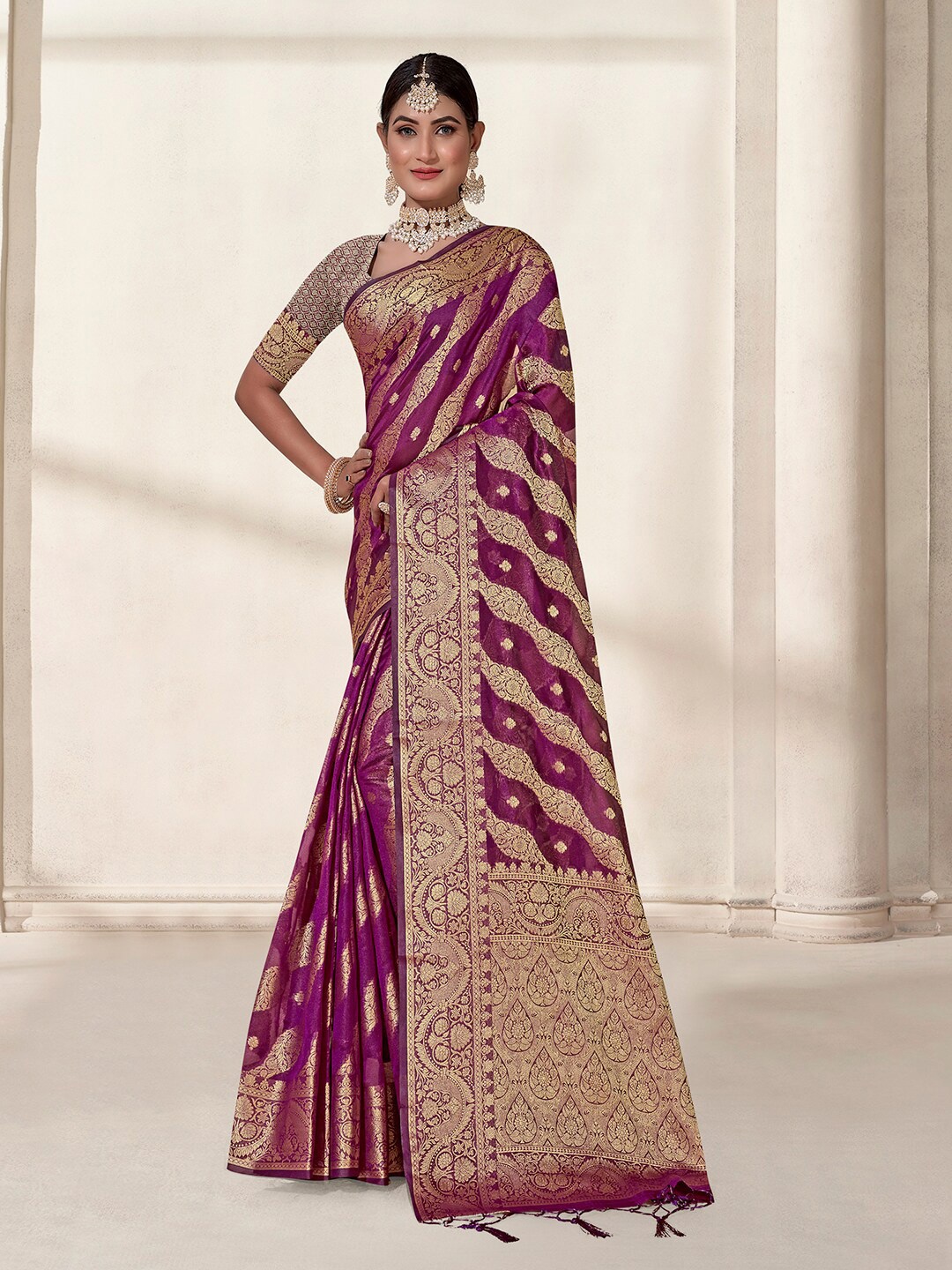 

Anouk Ethnic Motifs Woven Design Zari Organza Saree, Purple