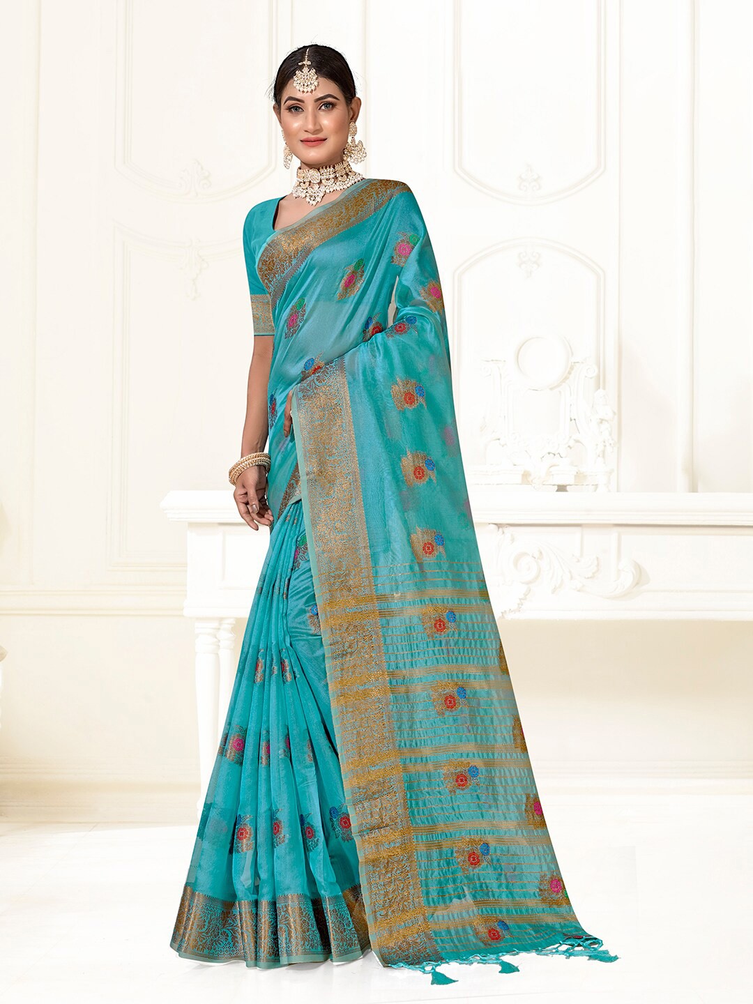 

Anouk Woven Design Zari Organza Saree, Turquoise blue