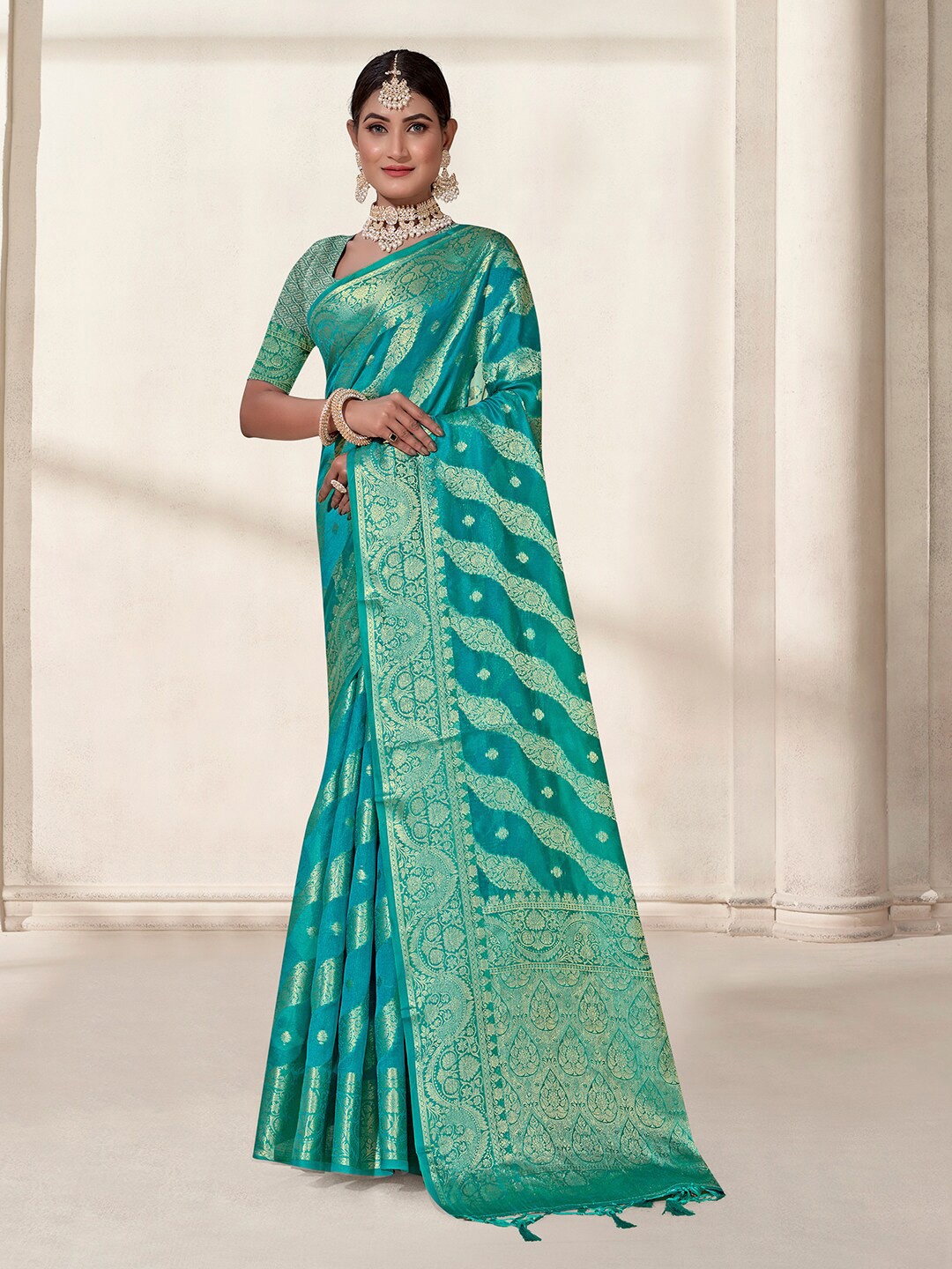 

Anouk Turquoise Woven Design Zari Organza Saree, Turquoise blue