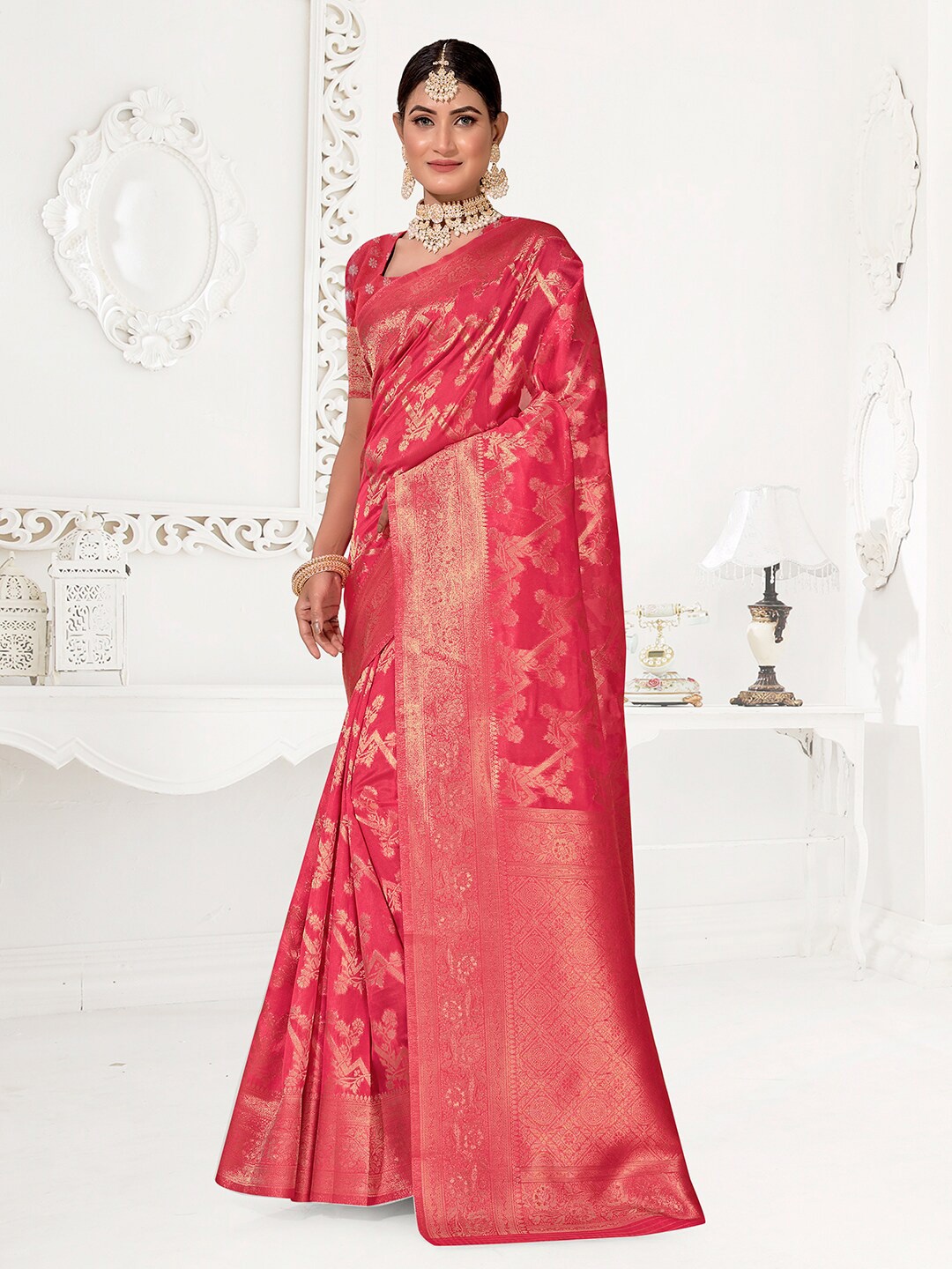 

Anouk Pink & Gold-Toned Ethnic Motifs Woven Design Zari Organza Saree