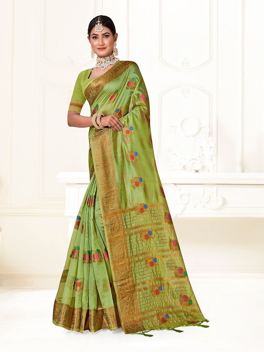 

Anouk Woven Design Zari Saree, Lime green