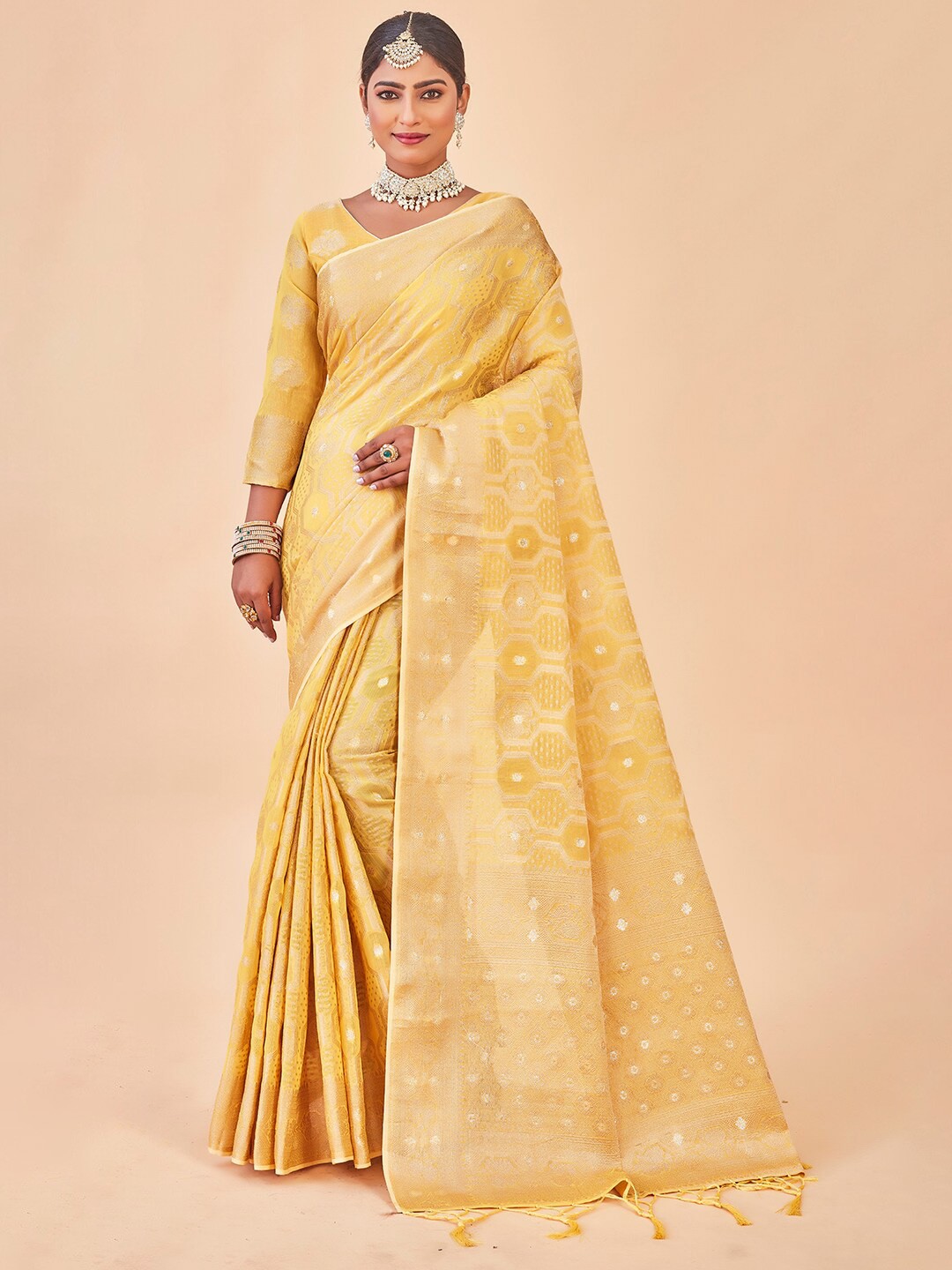

Anouk Yellow & Gold-Toned Ethnic Motifs Woven Design Zari Silk Blend Saree