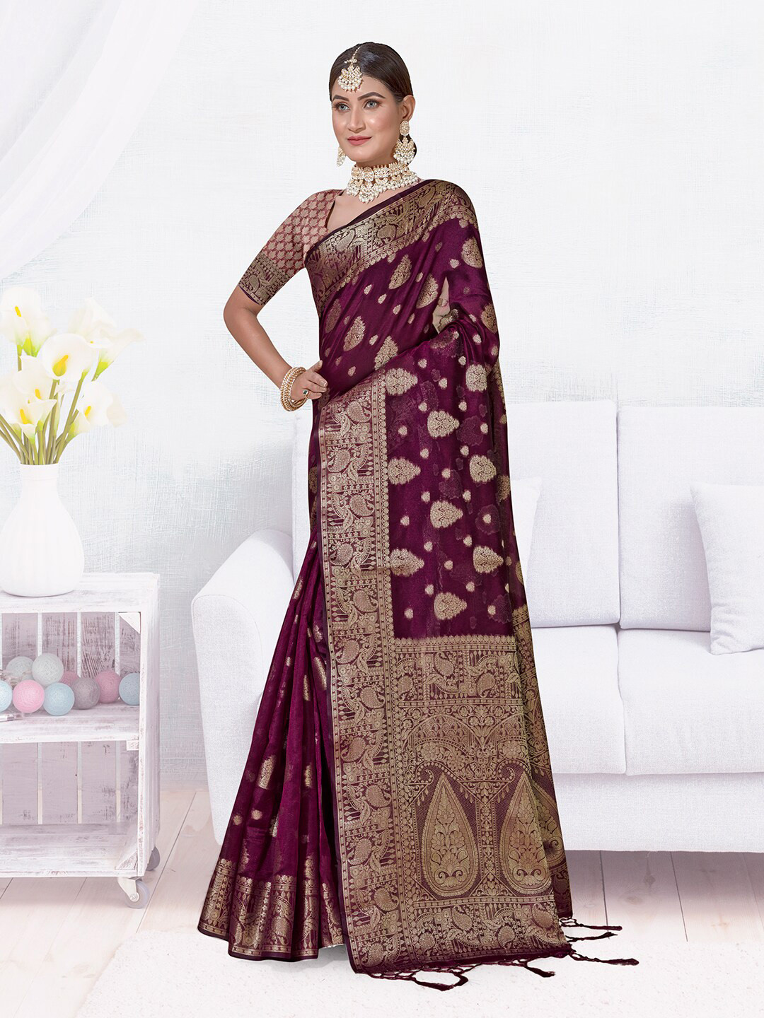 

Anouk Ethnic Motifs Woven Design Zari Organza Saree, Purple