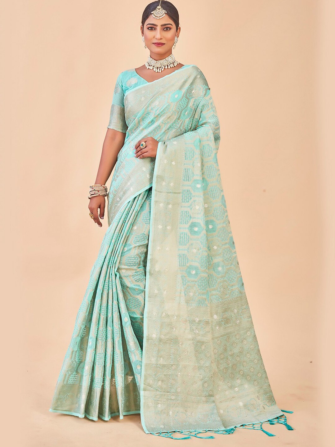 

Anouk Geometric Woven Design Zari Art Silk Saree, Turquoise blue