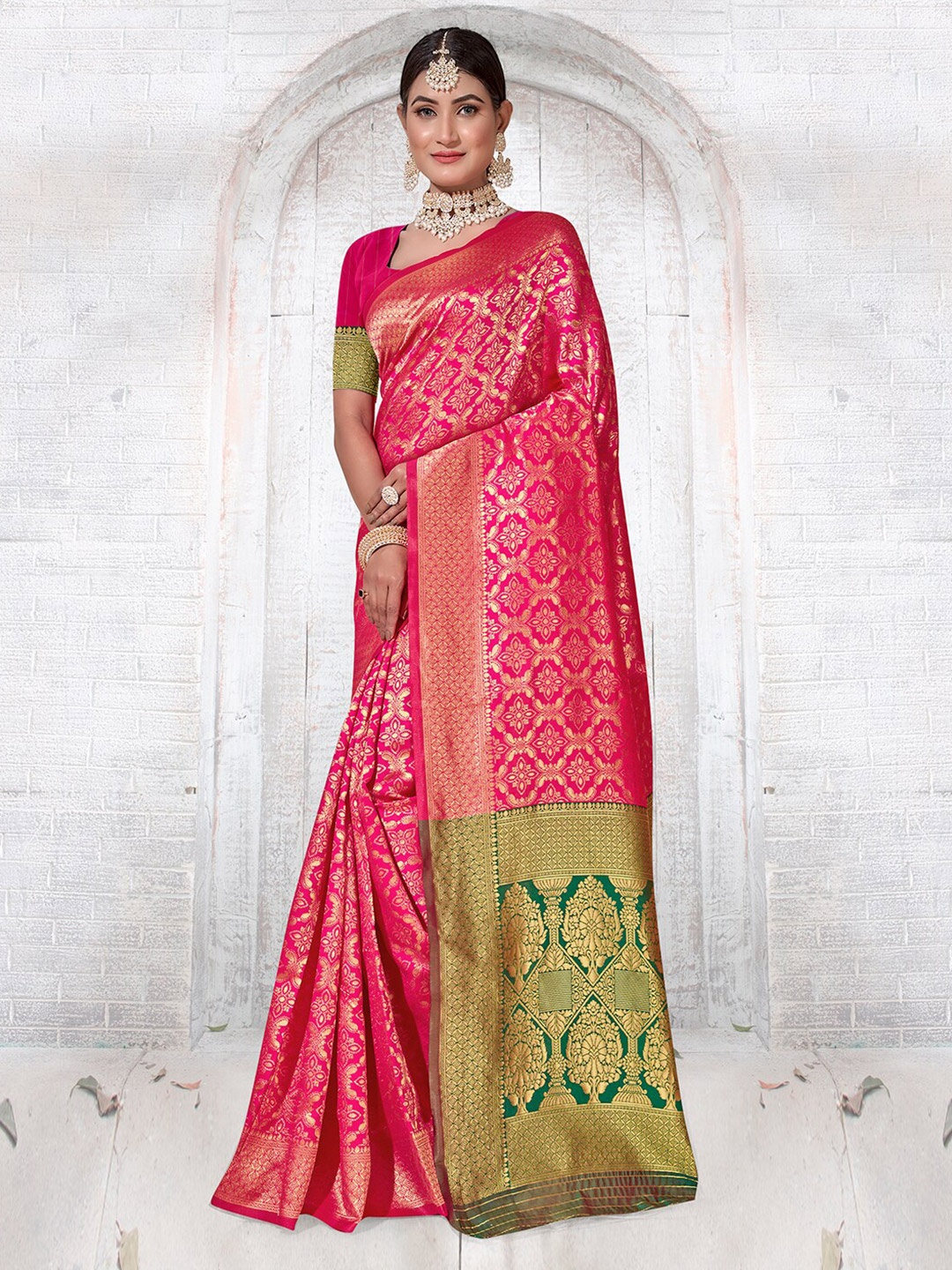 

Anouk Rustic Ethnic Motifs Woven Design Zari Organza Saree, Pink