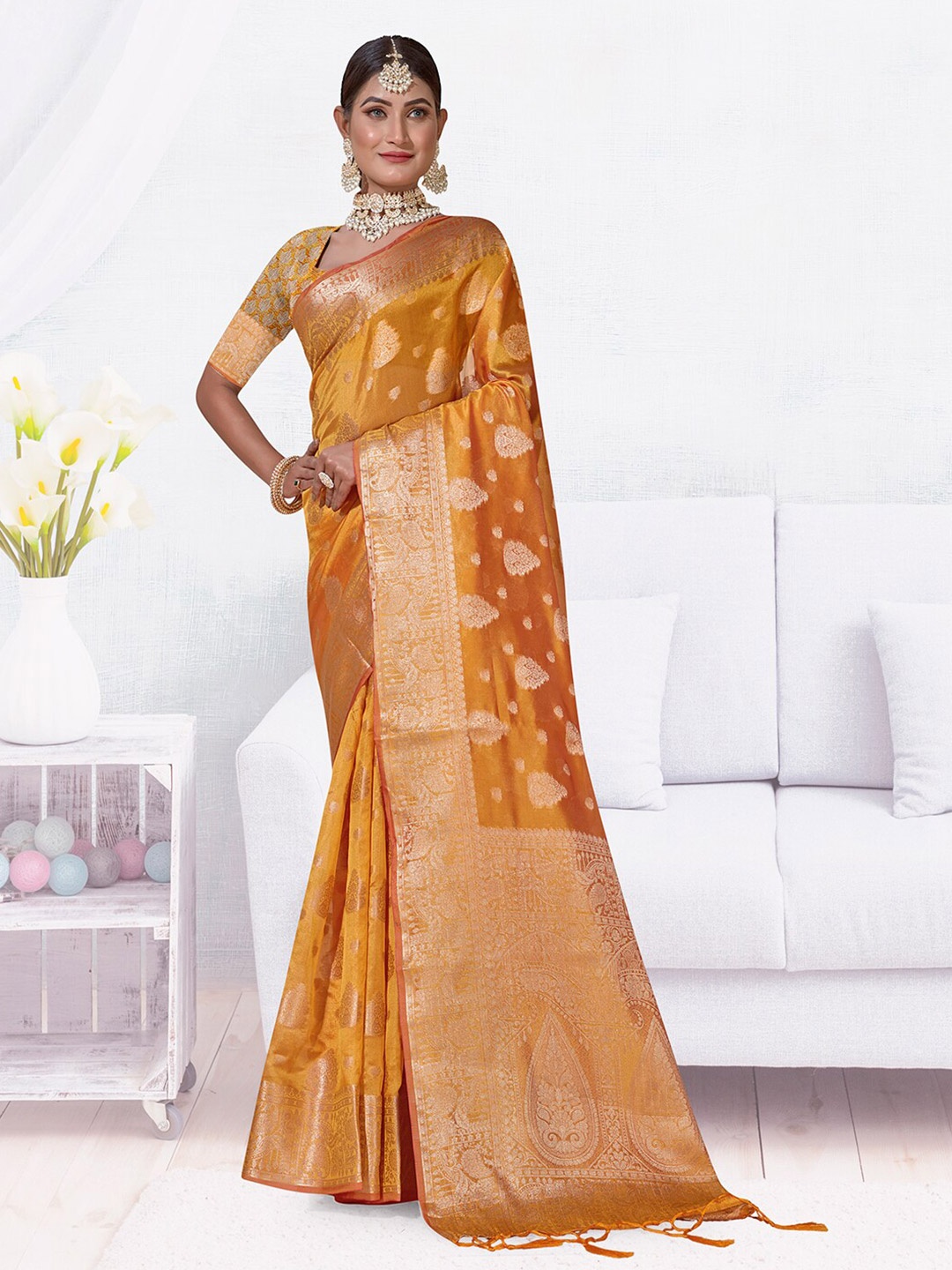 

Anouk Orange & Gold-Toned Ethnic Motif Woven Design Zari Organza Saree