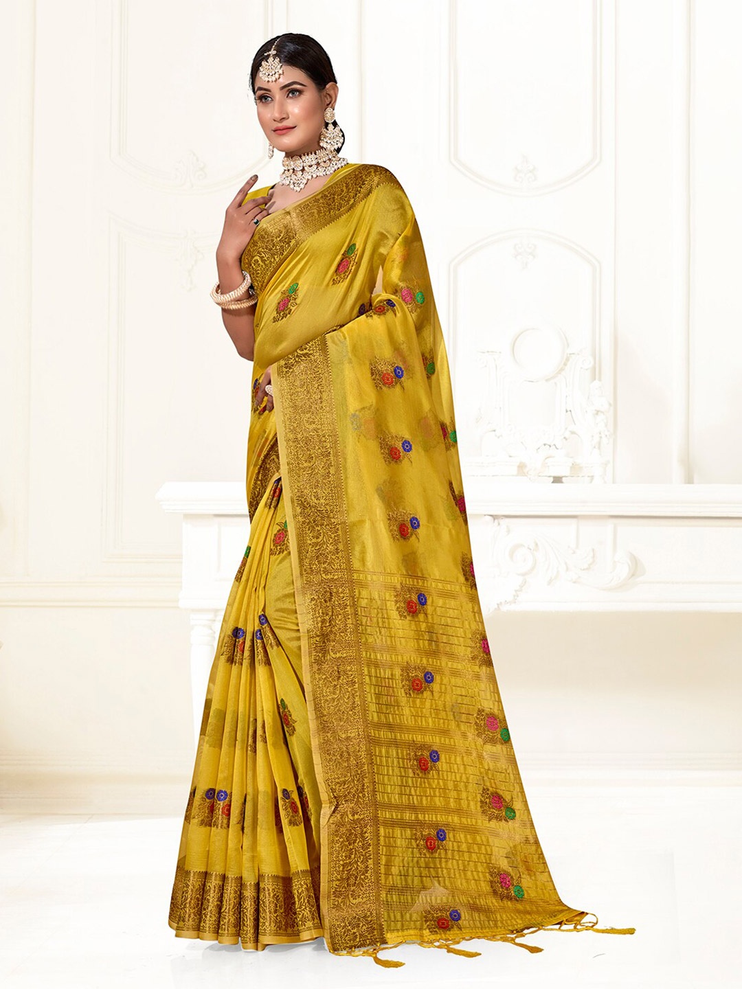 

Anouk Yellow & Red Ethnic Motifs Woven Design Zari Organza Saree
