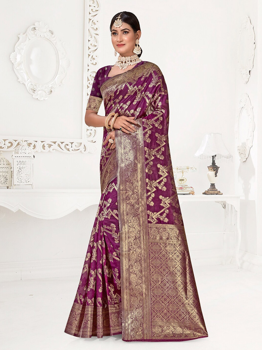 

Anouk Purple & Gold-Toned Floral Woven Design Zari Organza Saree