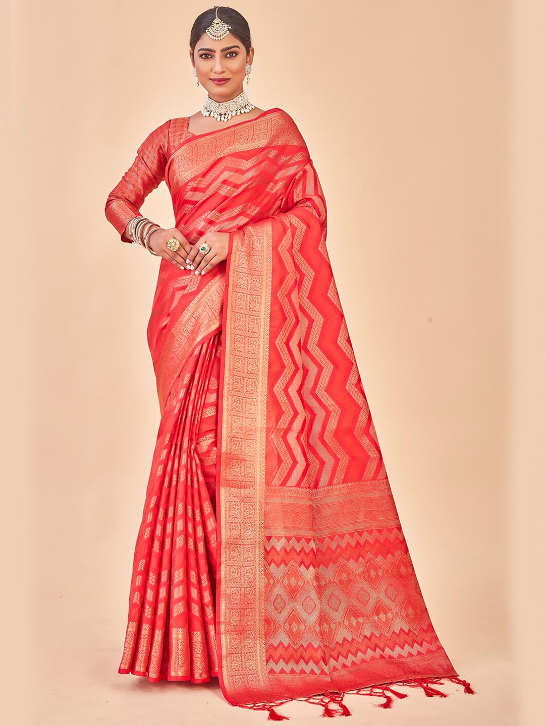 

Anouk Geometric Woven Design Zari Organza Saree, Red