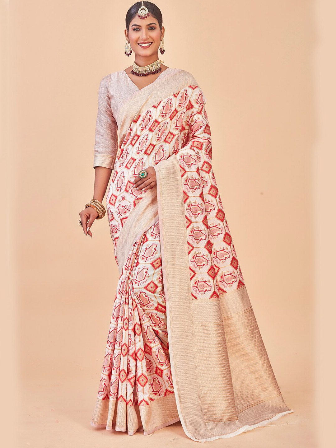 

Anouk Pink & White Ethnic Motifs Woven Design Zari Organza Saree