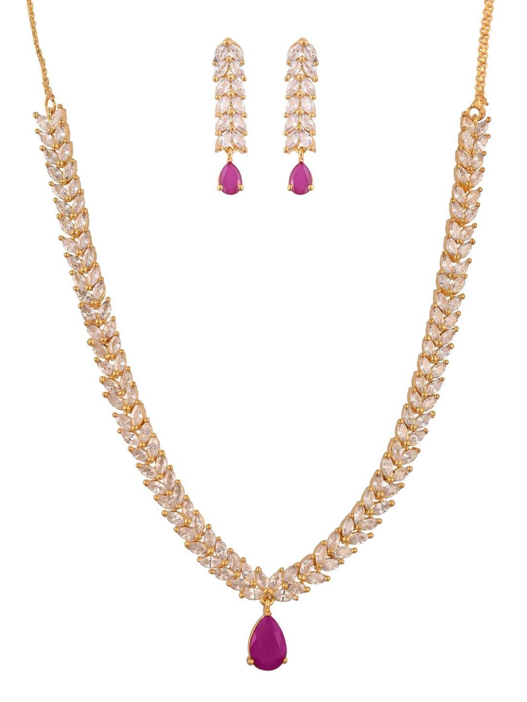 

RATNAVALI JEWELS Gold Plated American Diamond Stone Studded Jewellery Set, Red