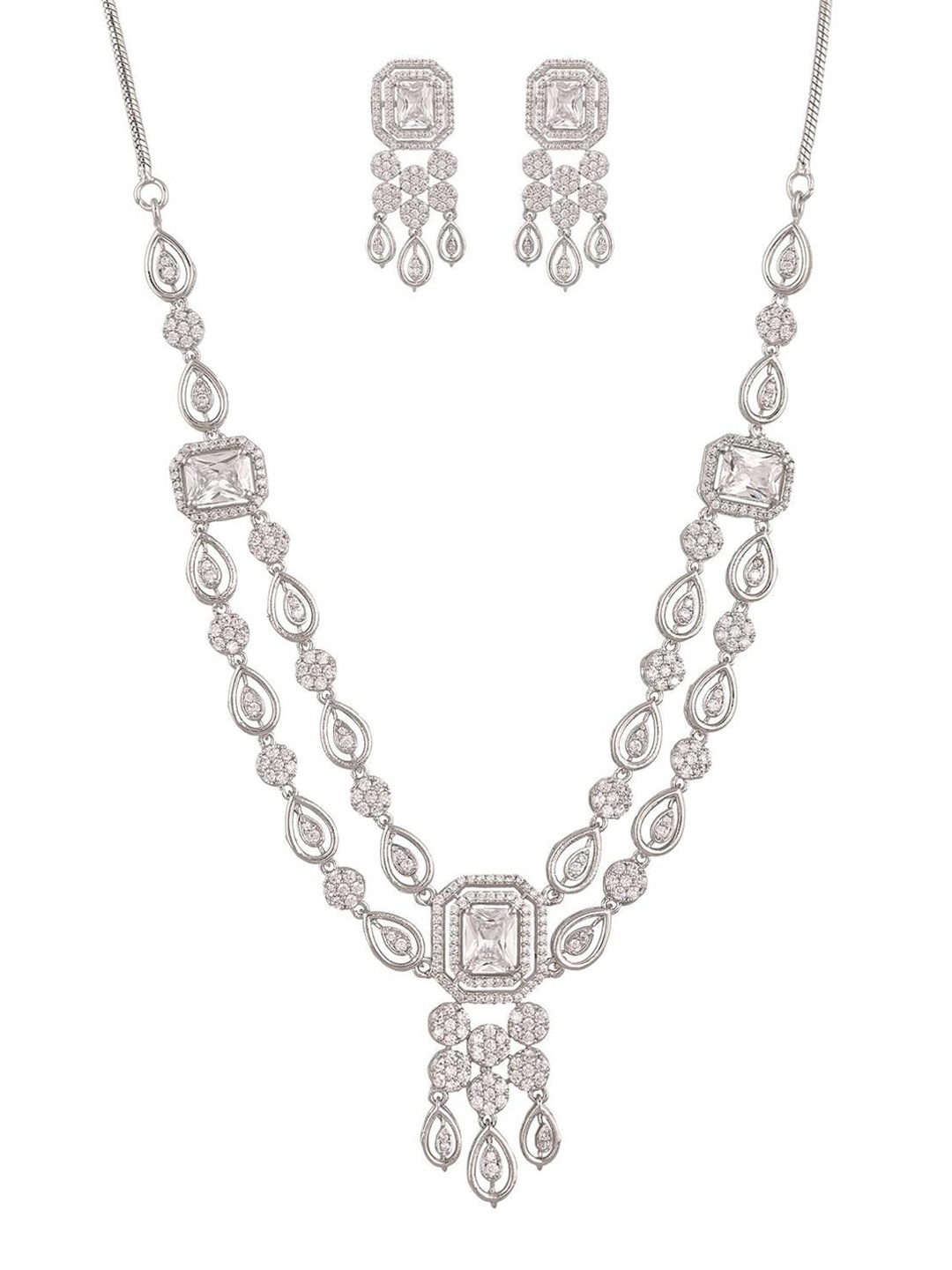

RATNAVALI JEWELS Sliver-Plated American Diamond Necklace And Earrings, Silver
