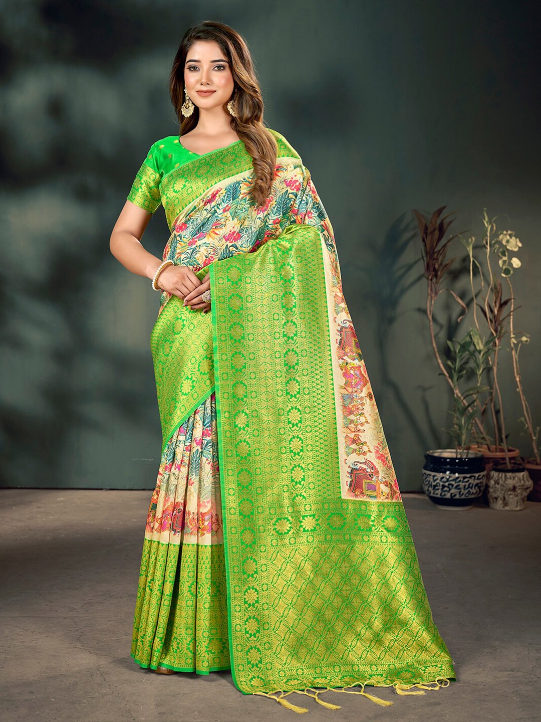 

Mitera Beige & Green Floral Woven Design Zari Banarasi Saree