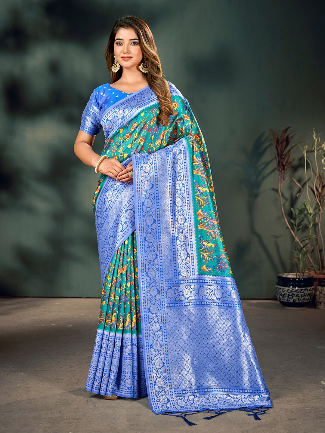 

Mitera Blue & Green Floral Printed Zari Banarasi Saree