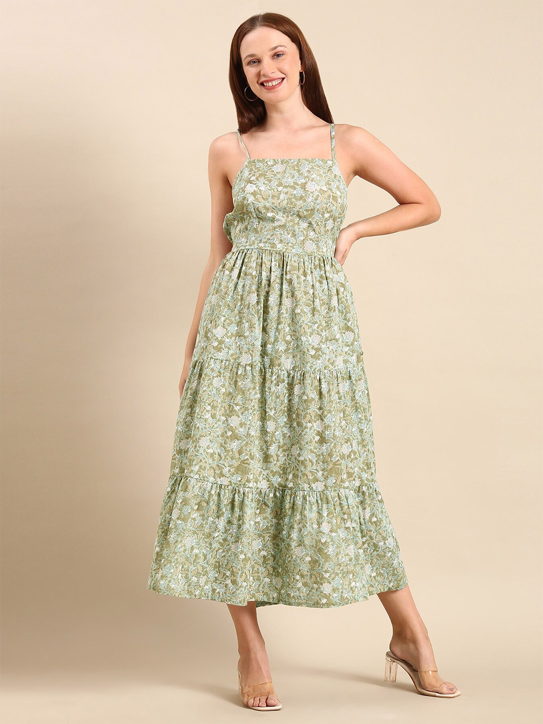 

HERE&NOW Floral Printed Shoulder Straps Cotton Maxi Dress, Green