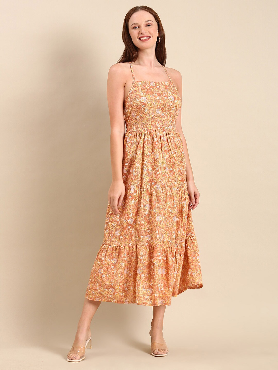 

HERE&NOW Floral Printed Shoulder Straps Cotton Maxi Dress, Peach