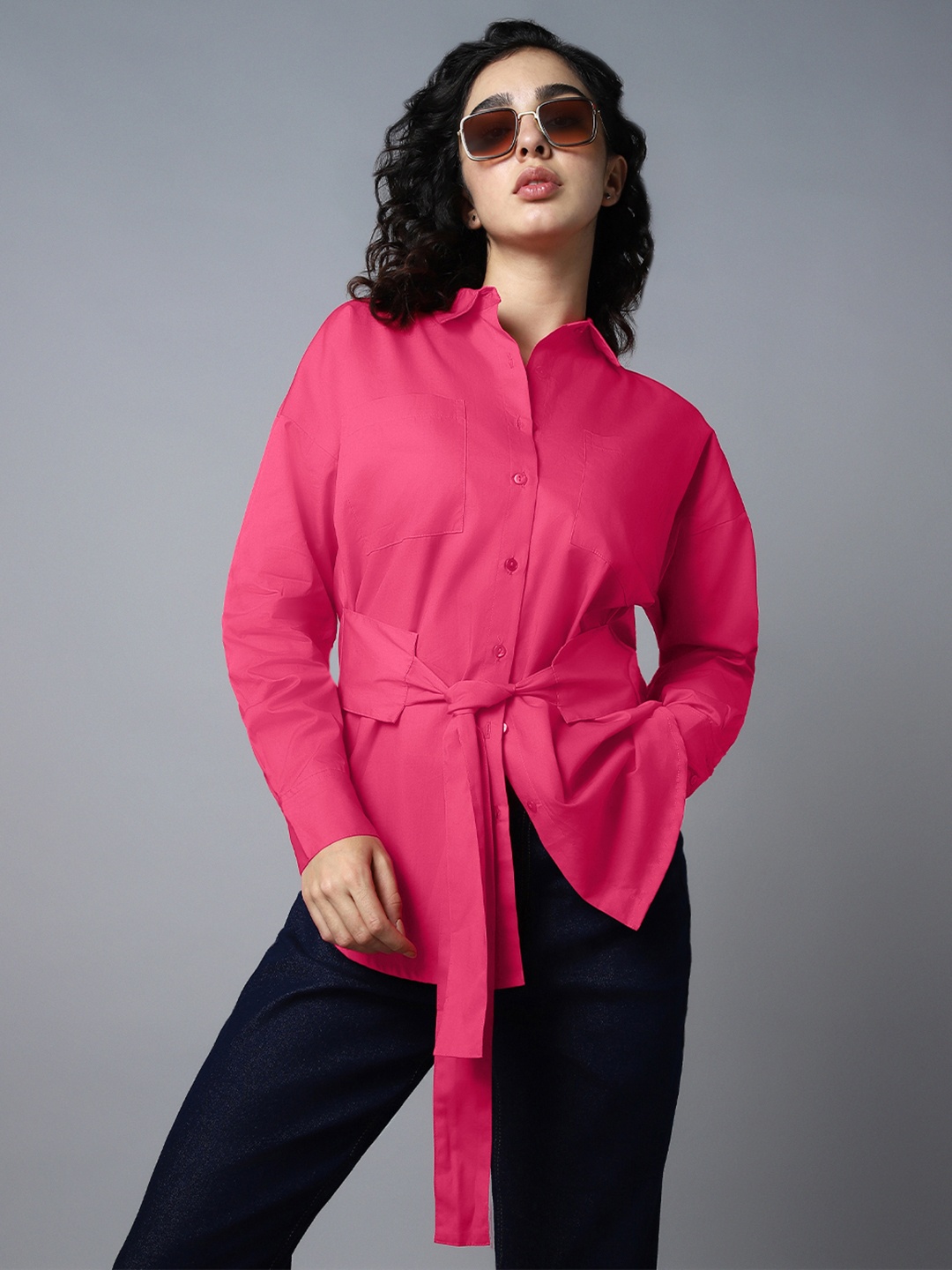 

High Star Spread Collar Cuffed Sleeves Waist Tie-Ups Shirt, Pink