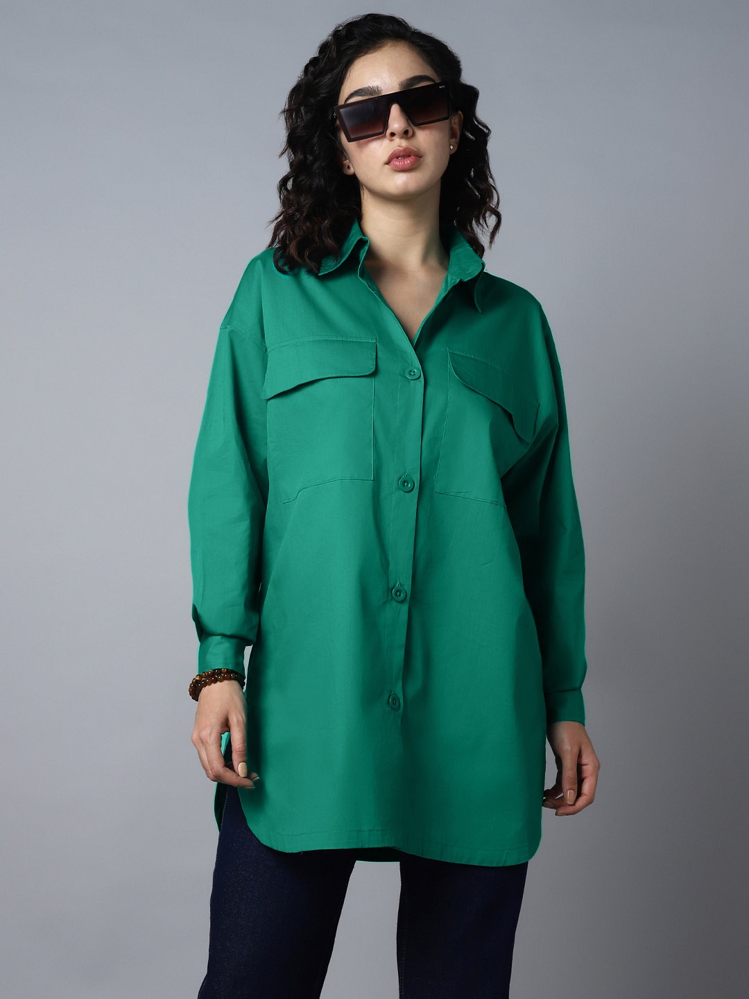 

High Star Classic Oversized Spread Collar Long Sleeves Longline Casual Shirt, Green