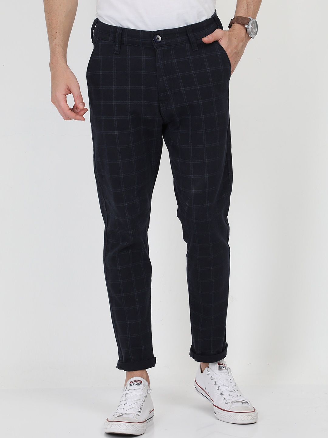 

Old Grey Men Checked Relaxed Slim Fit Cotton Chinos, Blue