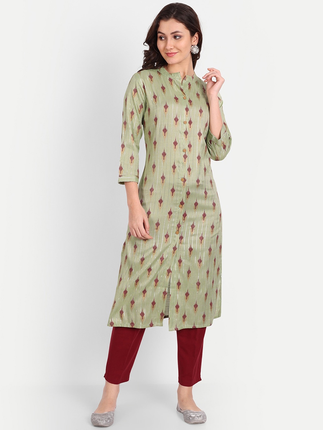 

TREND ME Ethnic Motifs Printed Flared Sleeves Sequinned Kurta, Green