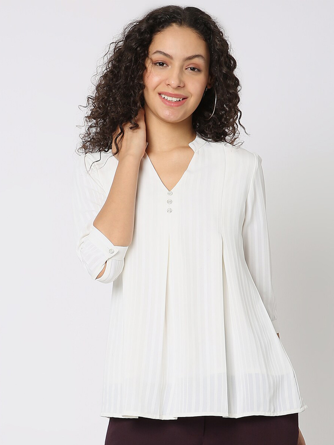 

NOT SO PINK Striped Mandarin Collar Gathered or Pleated Georgette A-Line Top, White