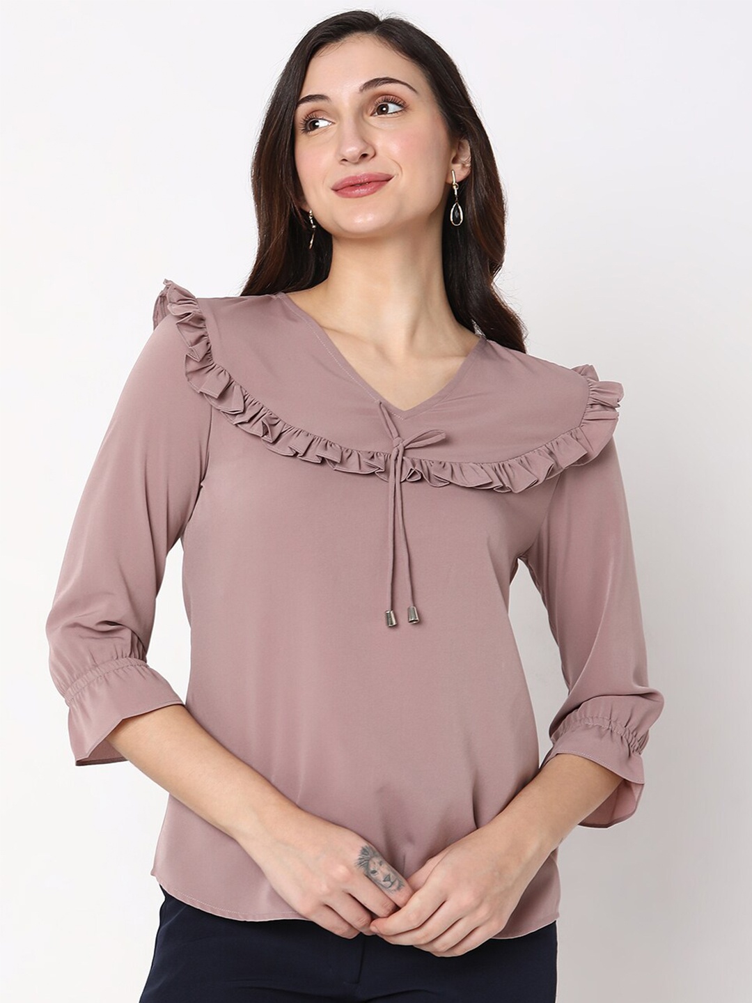 

NOT SO PINK V-Neck Ruffles Georgette Top, Mauve