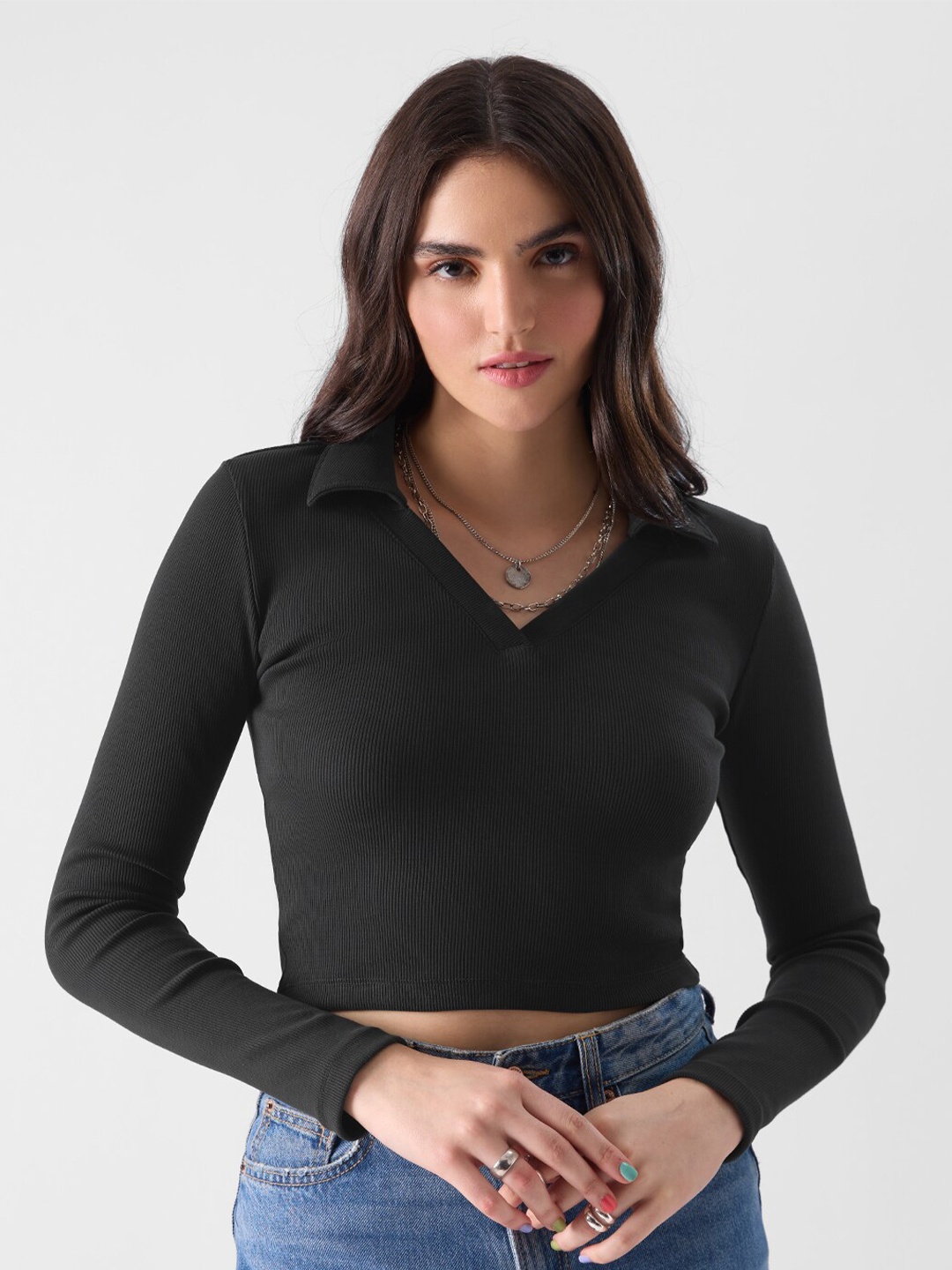 

The Souled Store Shirt Collar Pure Cotton Crop Top, Black