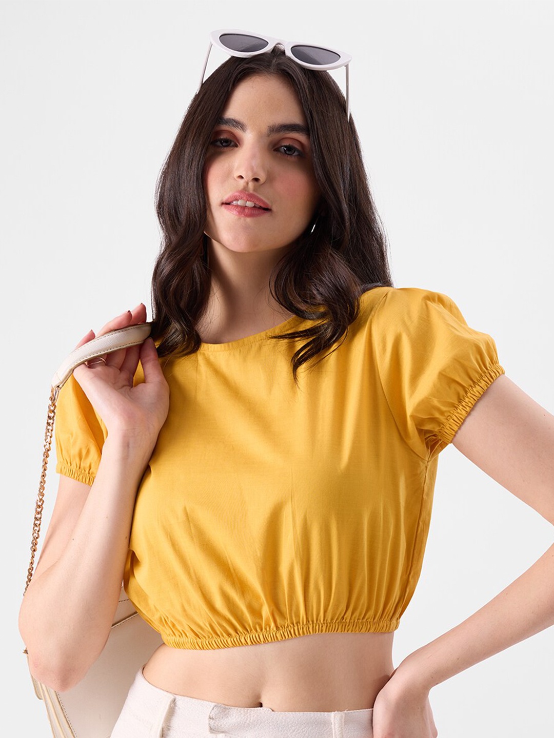 

The Souled Store Puff Sleeve Pure Cotton Blouson Top, Yellow