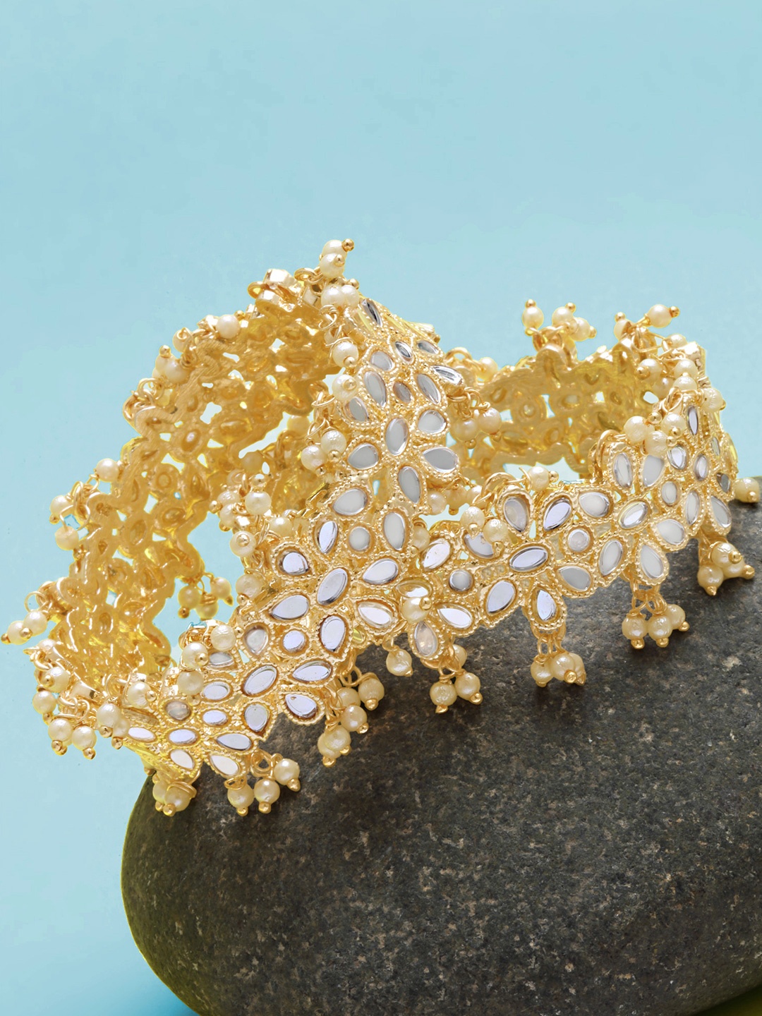 

KARATCART Set Of 2 Gold Plated Mirror Studded & Beaded Bangles