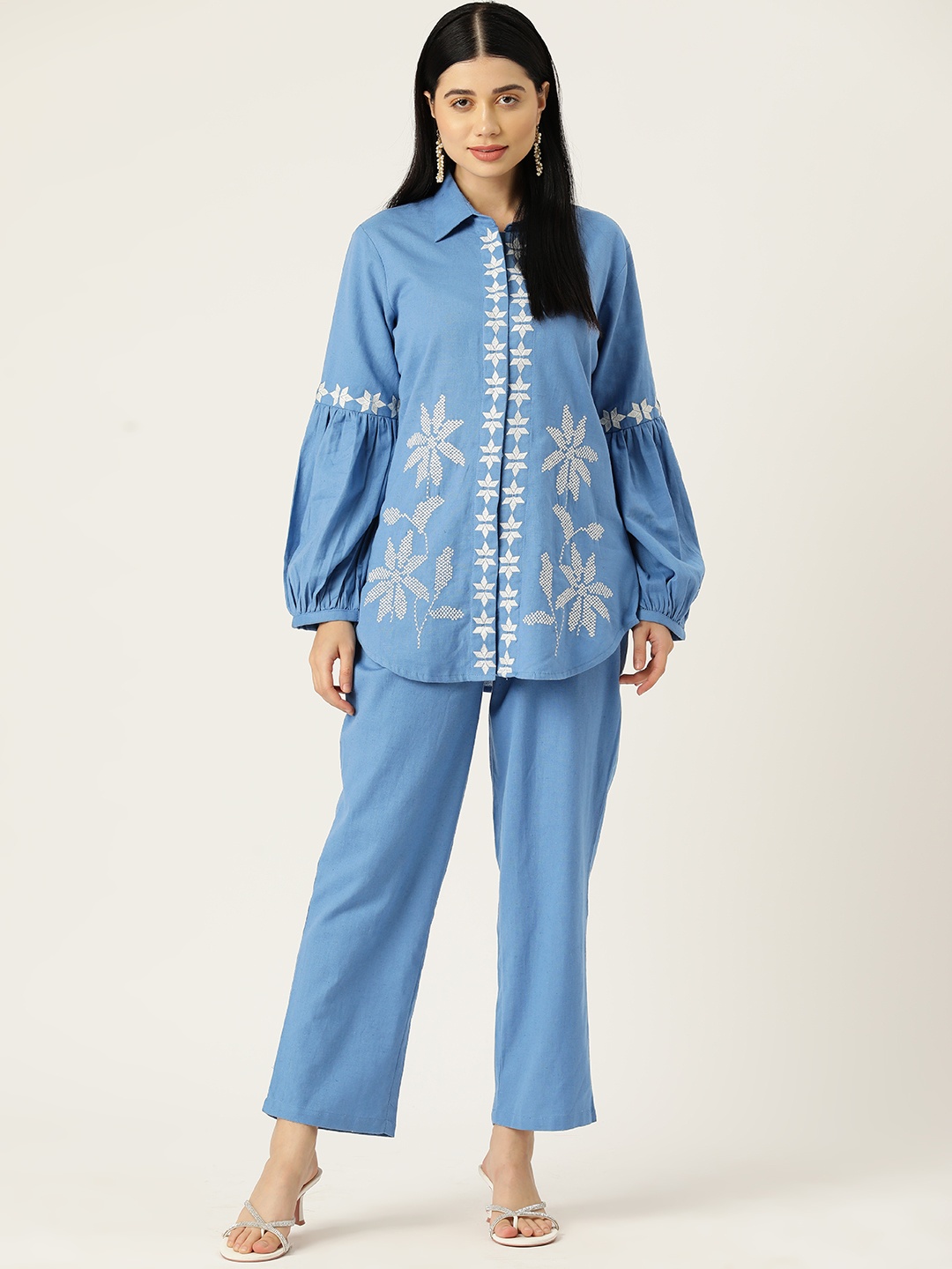 

MISRI Women Floral Embroidered Tunic with Trousers, Blue