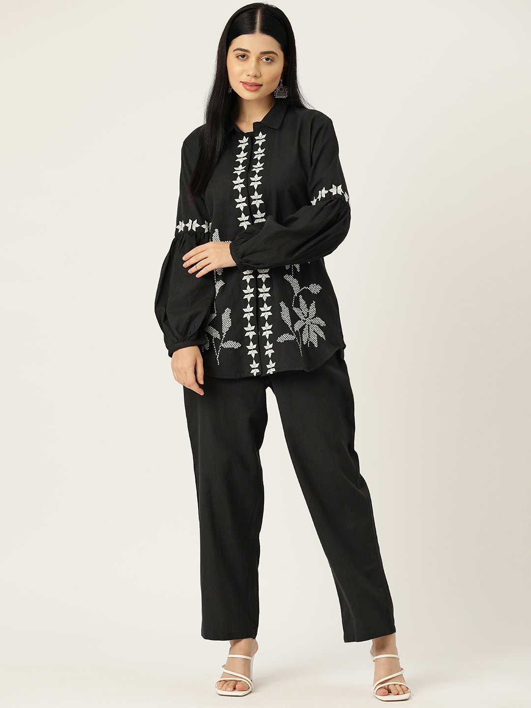 

MISRI Women Embroidered Tunic with Palazzos, Black