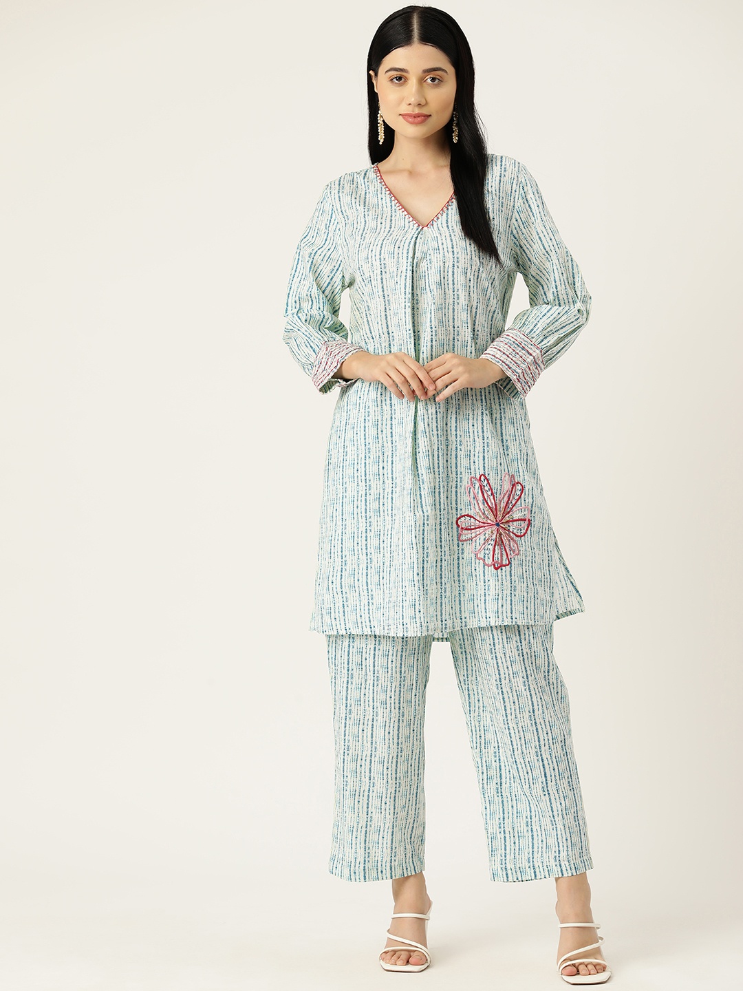 

MISRI Women Embroidered Cotton Tunic with Palazzos, White
