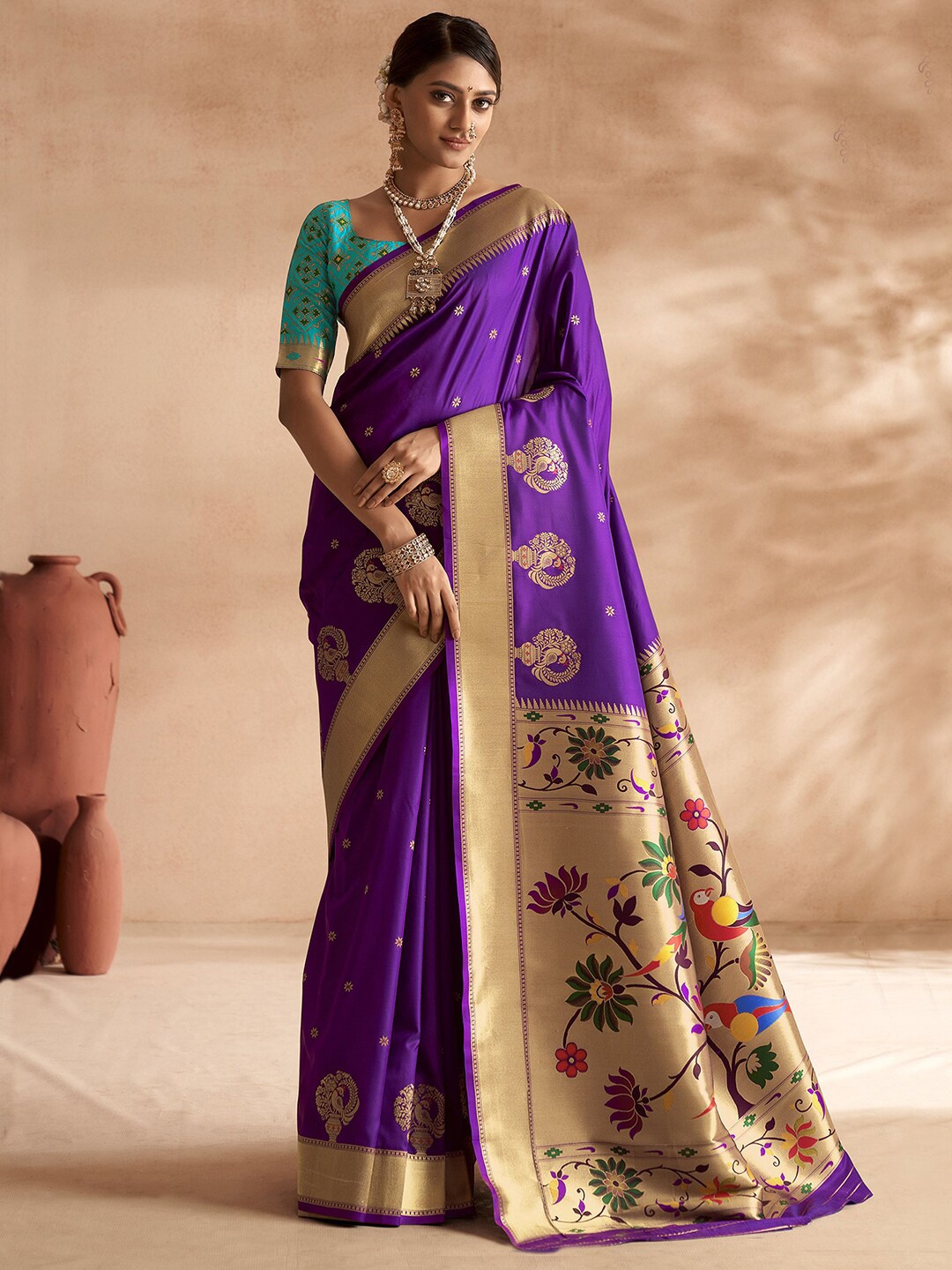 

Mitera Woven Design Zari Silk Blend Paithani Saree, Purple