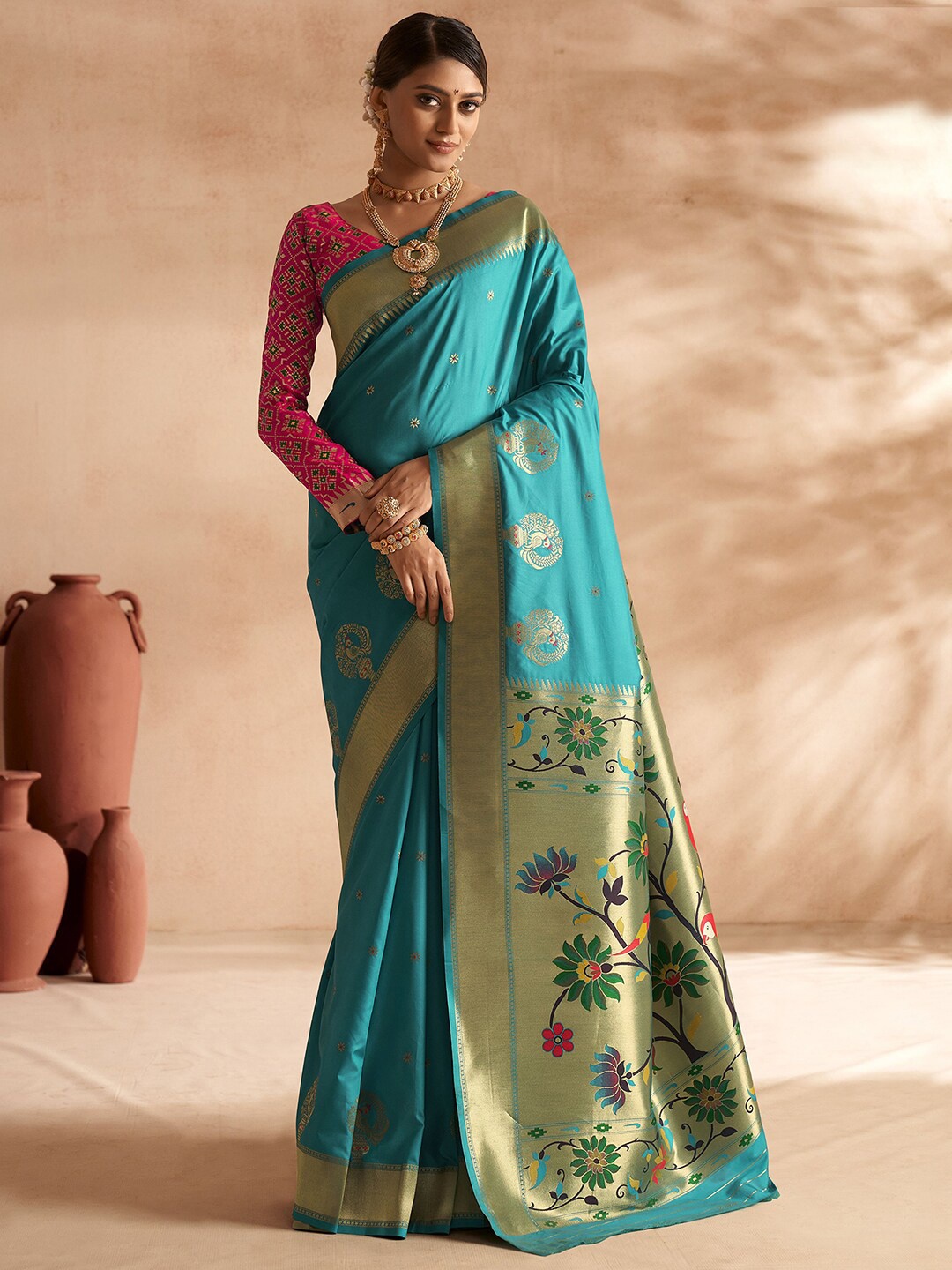 

Mitera Woven Design Zari Silk Blend Paithani Saree, Turquoise blue