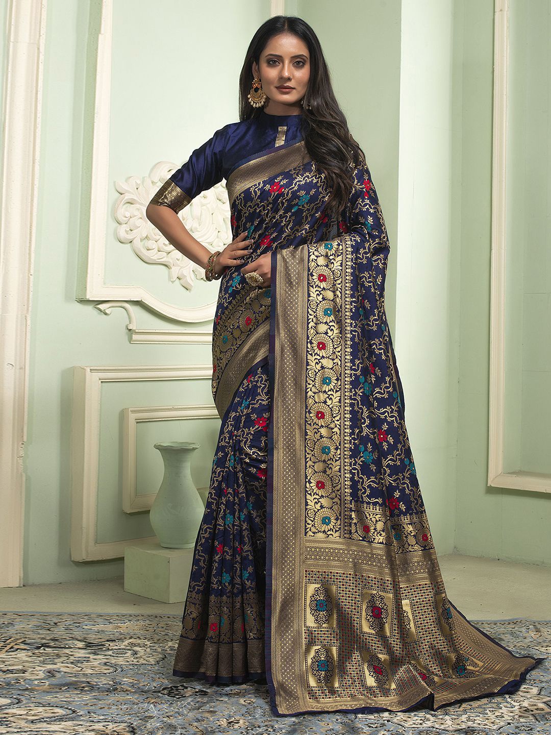 

Mitera Blue & Red Floral Woven Design Zari Banarasi Saree