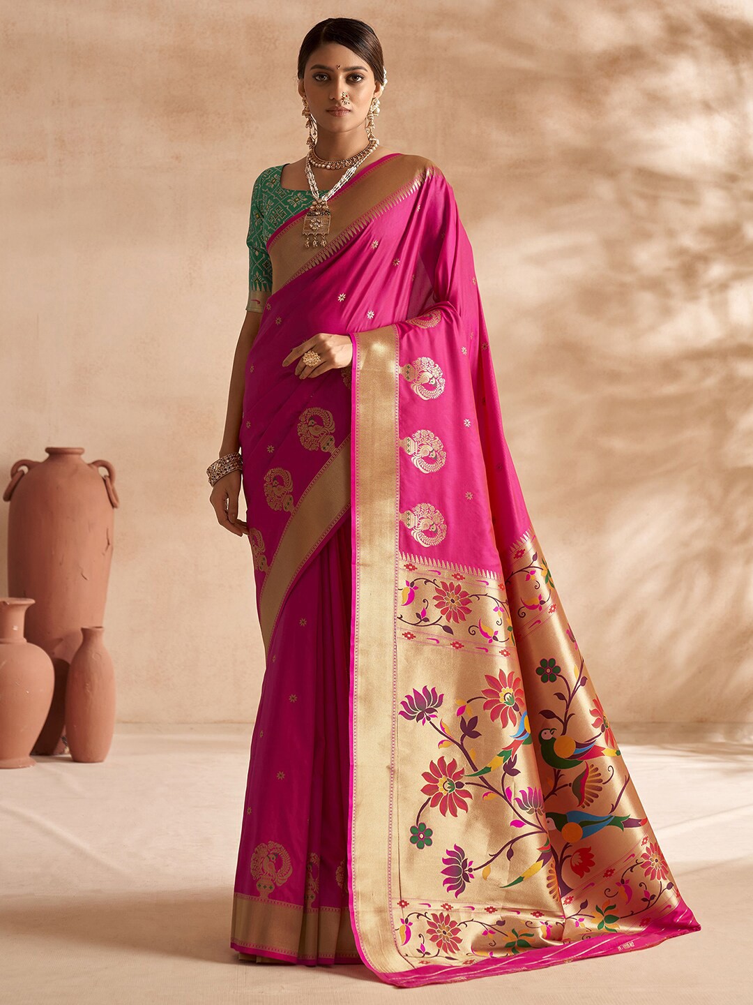 

Mitera Ethnic Motifs Woven Design Zari Paithani Saree, Pink