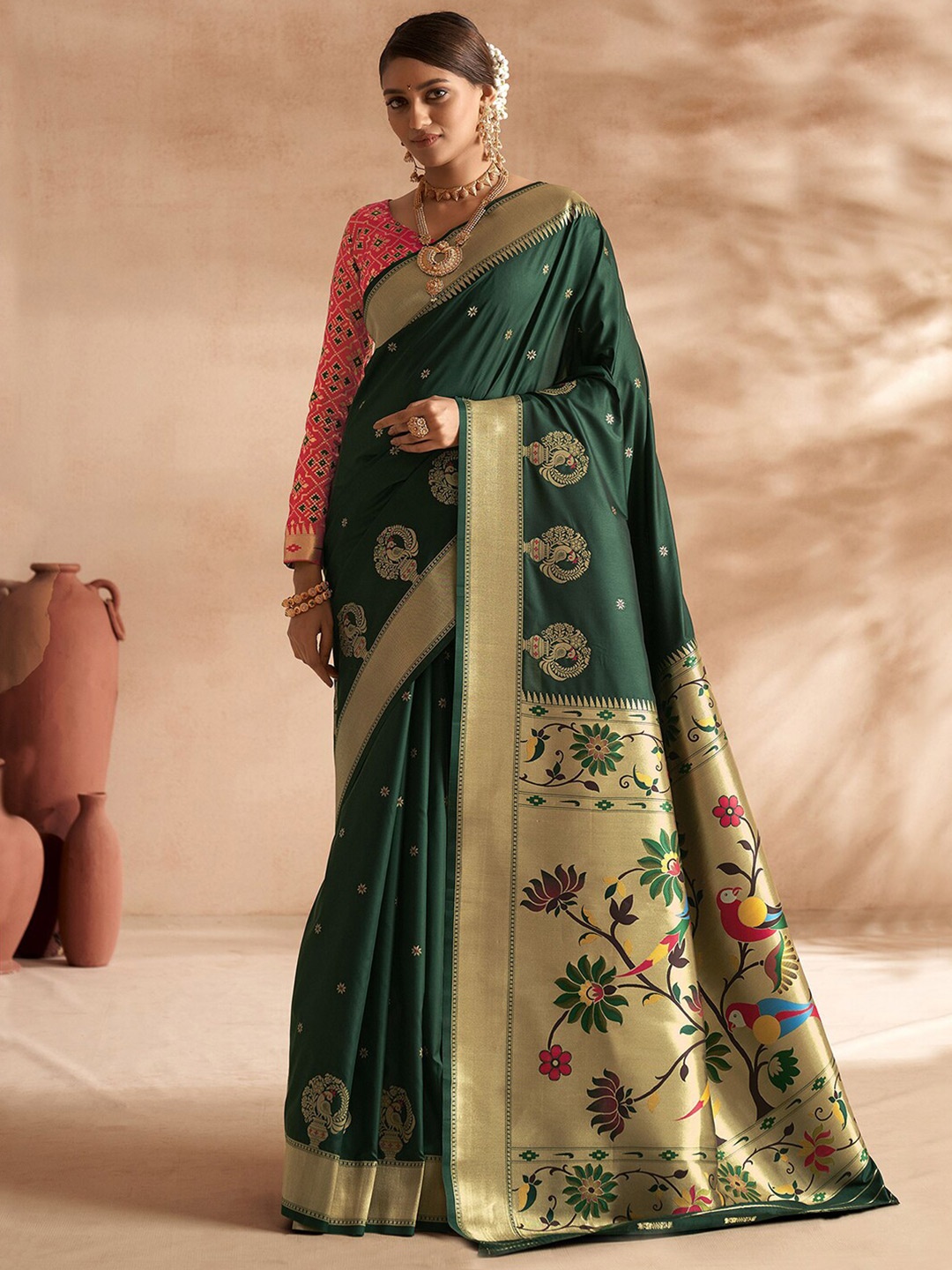 

Mitera Woven Design Zari Silk Blend Paithani Saree, Green